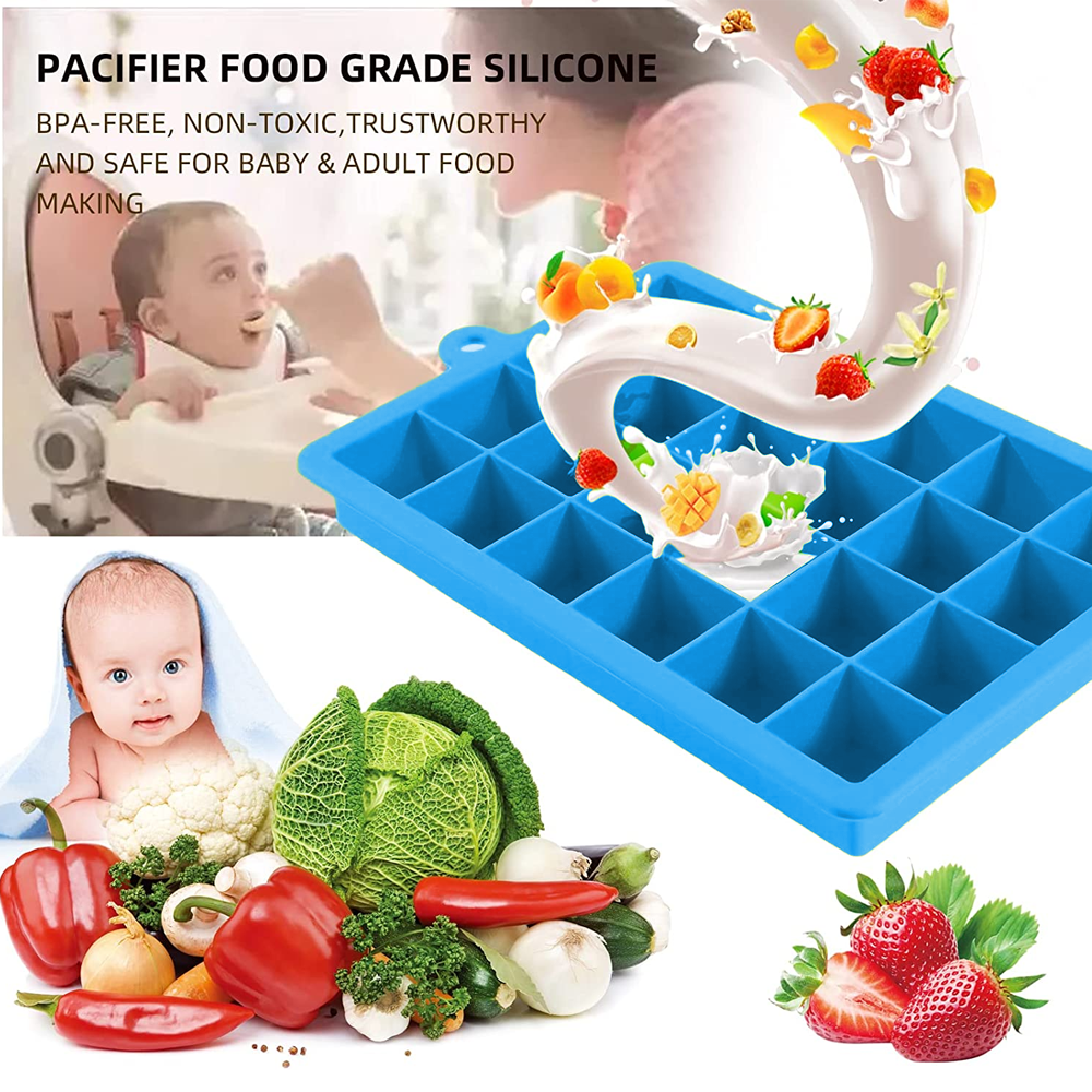 Blauer Silikon-Eiswürfelbehälter mit Früchten und Gemüse, Baby im Hintergrund.