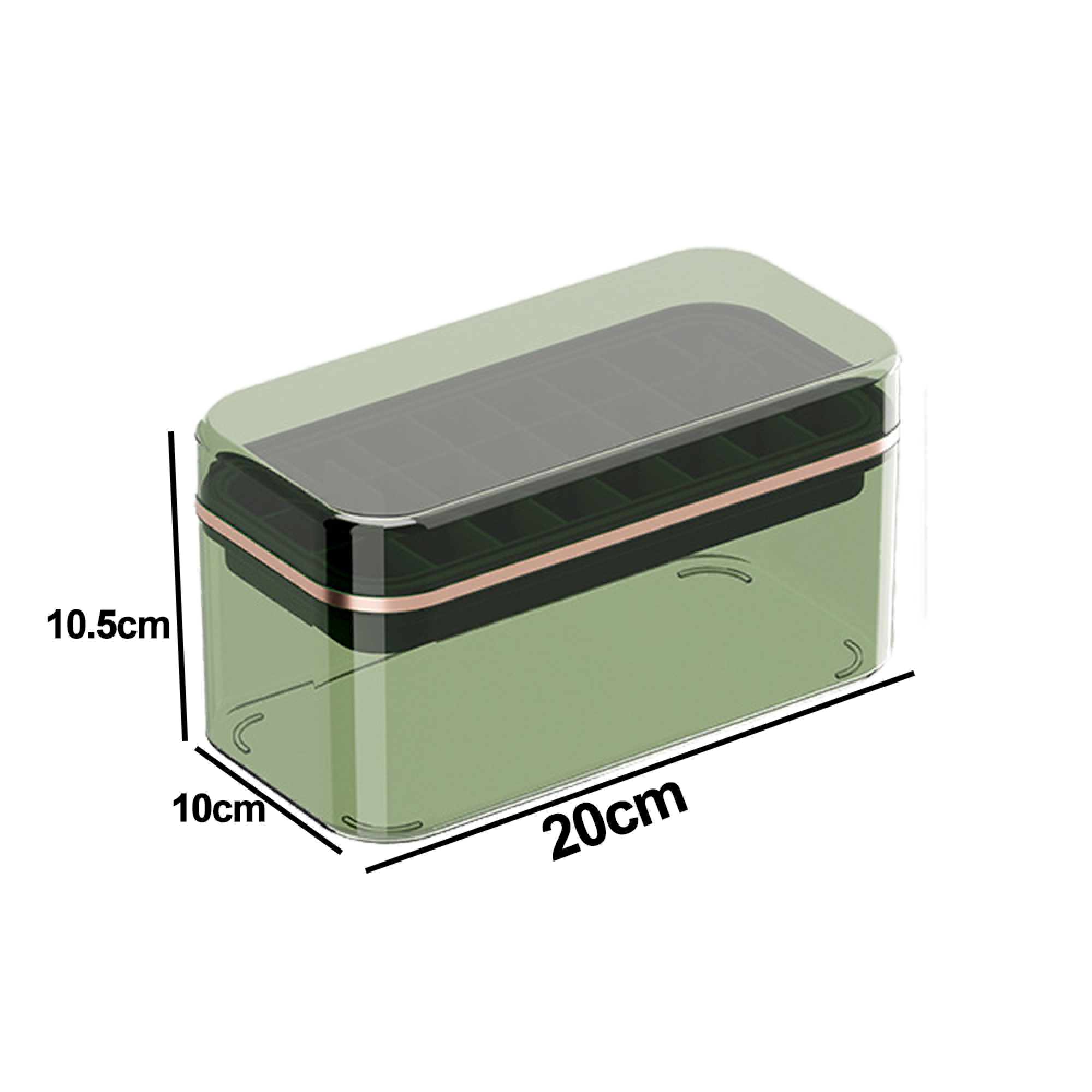Grüne Aufbewahrungsbox mit Fächern und Maßen 20x10x10,5 cm.