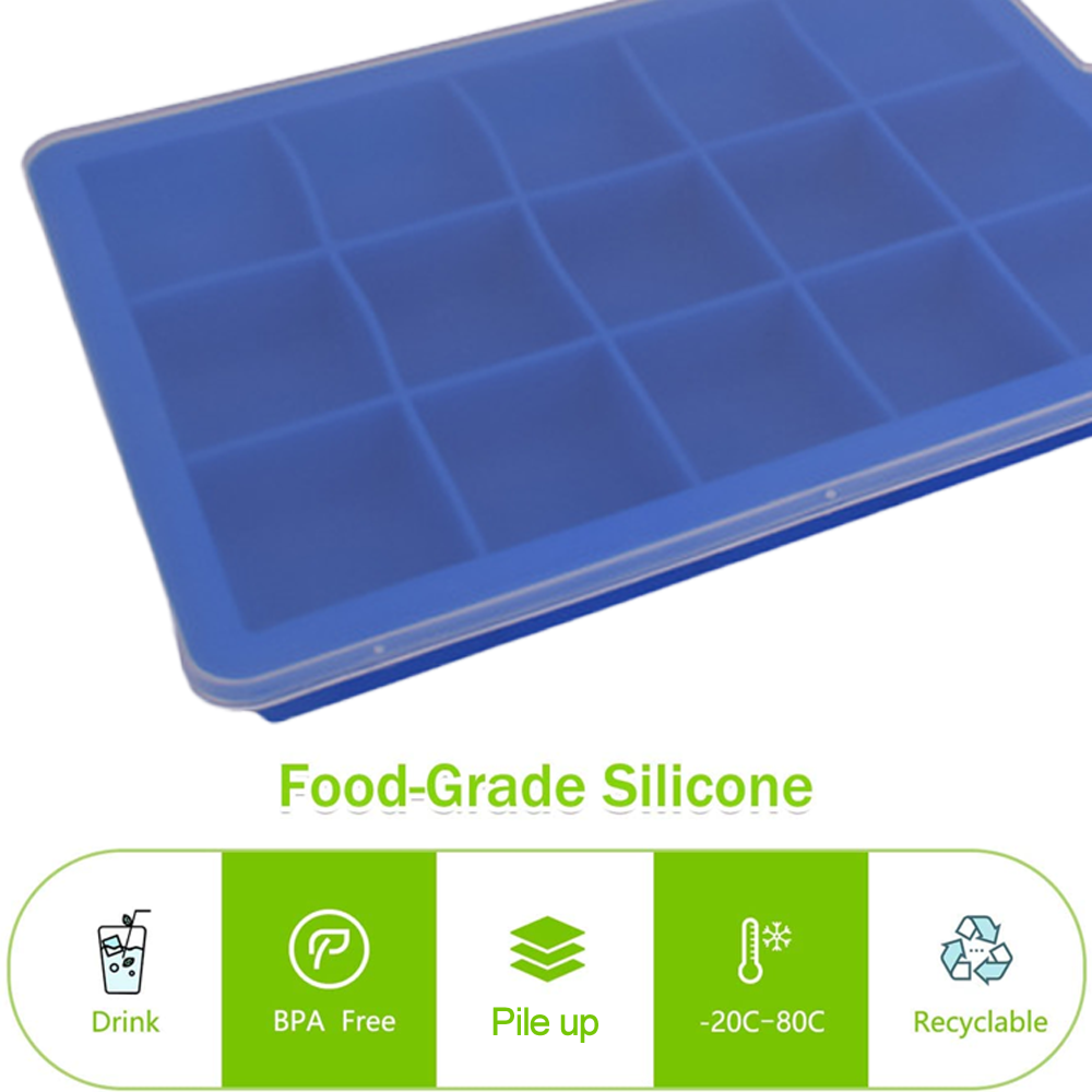 Blaue Silikon-Eiswürfelform mit 15 Würfeln. Merkmale: Lebensmittelecht, BPA-frei, stapelbar, -20C-80C, recycelbar.