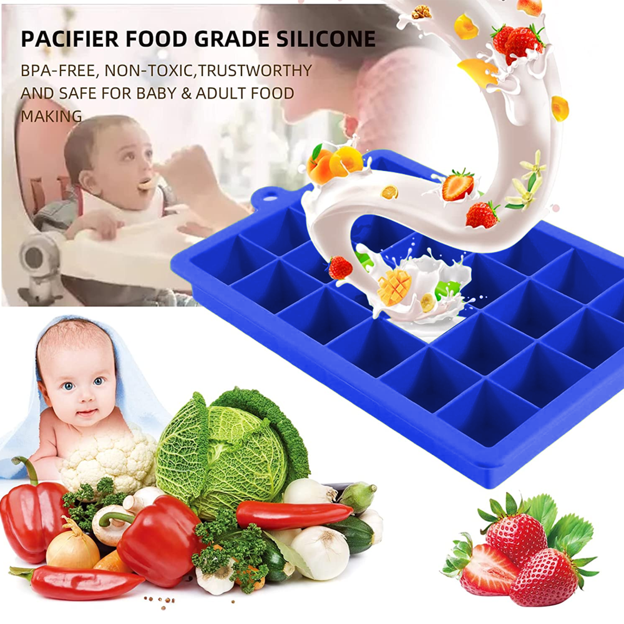 Ein Baby, ein blauer Eiswürfelbehälter mit Früchten und Milch, Gemüse und Beeren.