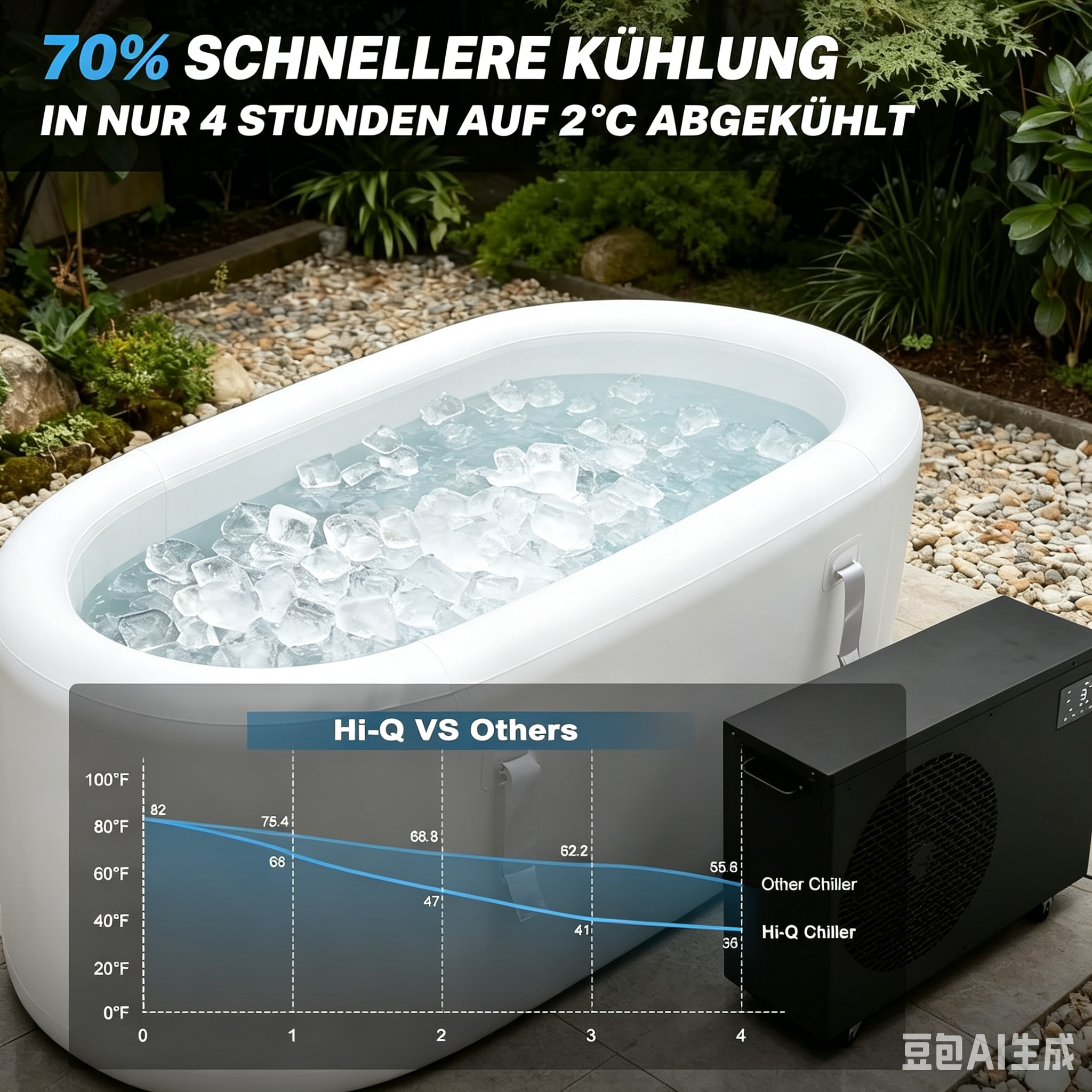 Ein aufblasbarer Bottich ist mit Eiswasser gefüllt und daneben steht ein schwarzer Kühler.