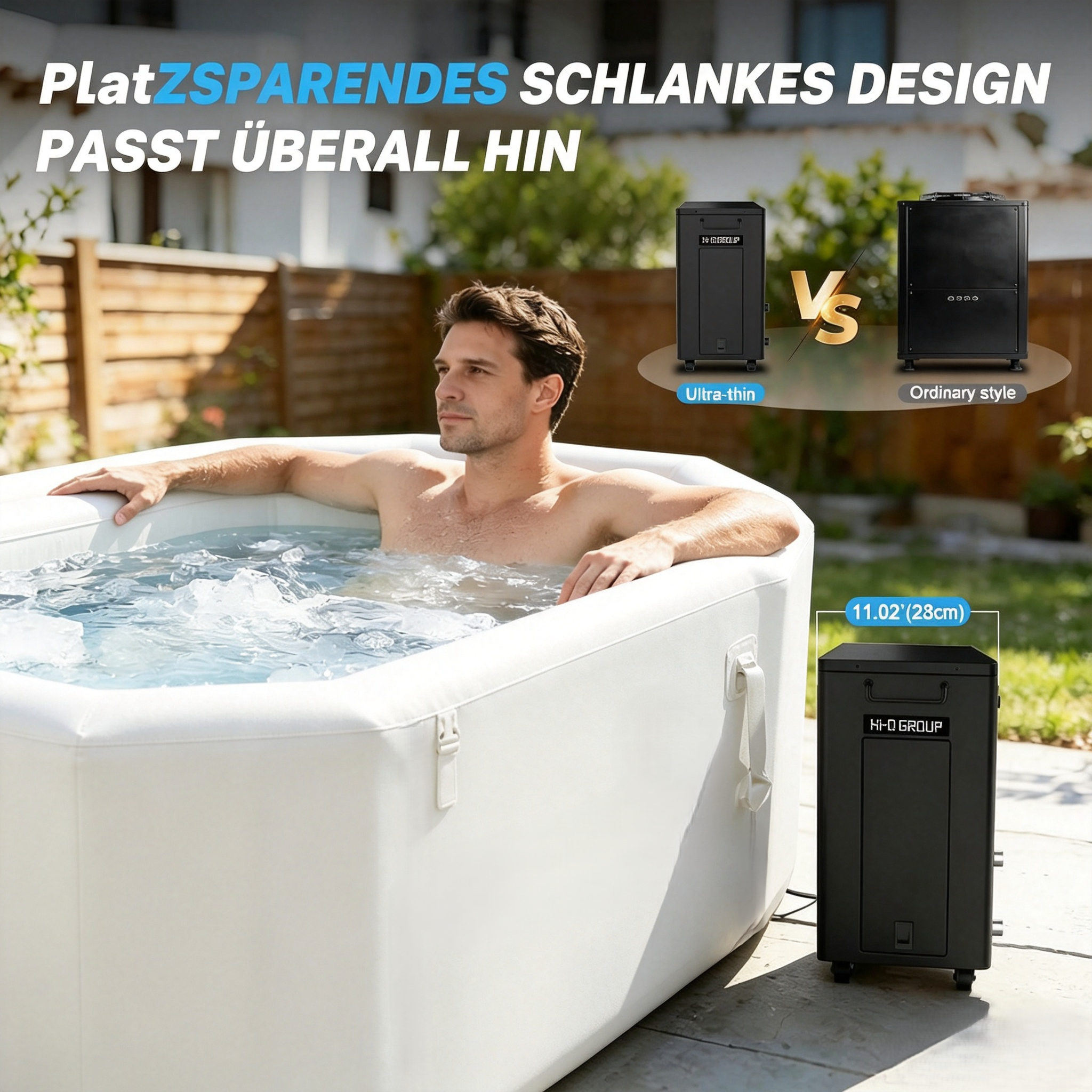 Mann im Whirlpool neben einem schlanken schwarzen Gerät, das mit einem breiteren verglichen wird.