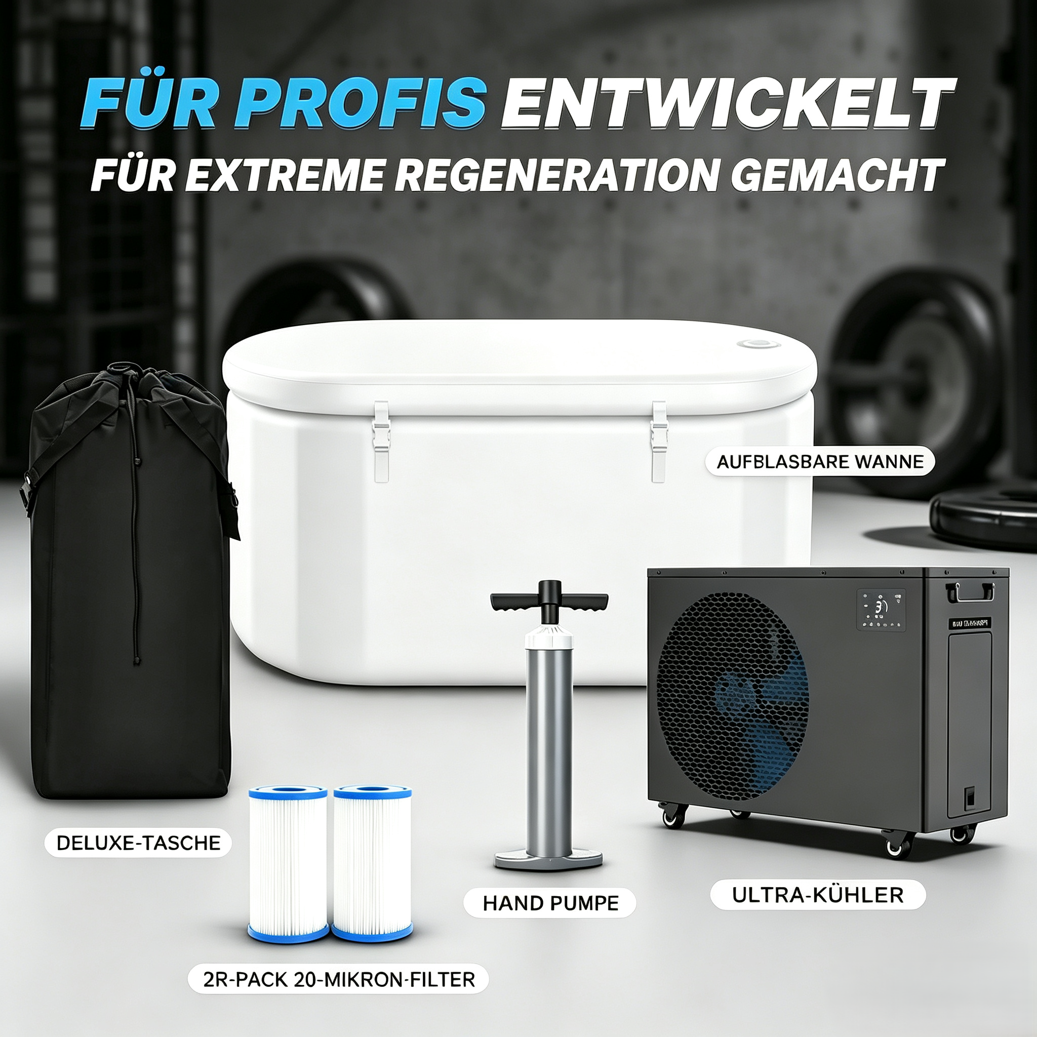Ein aufblasbares Wannen-Set mit Kühlgerät, Pumpe, Tasche und Filtern.