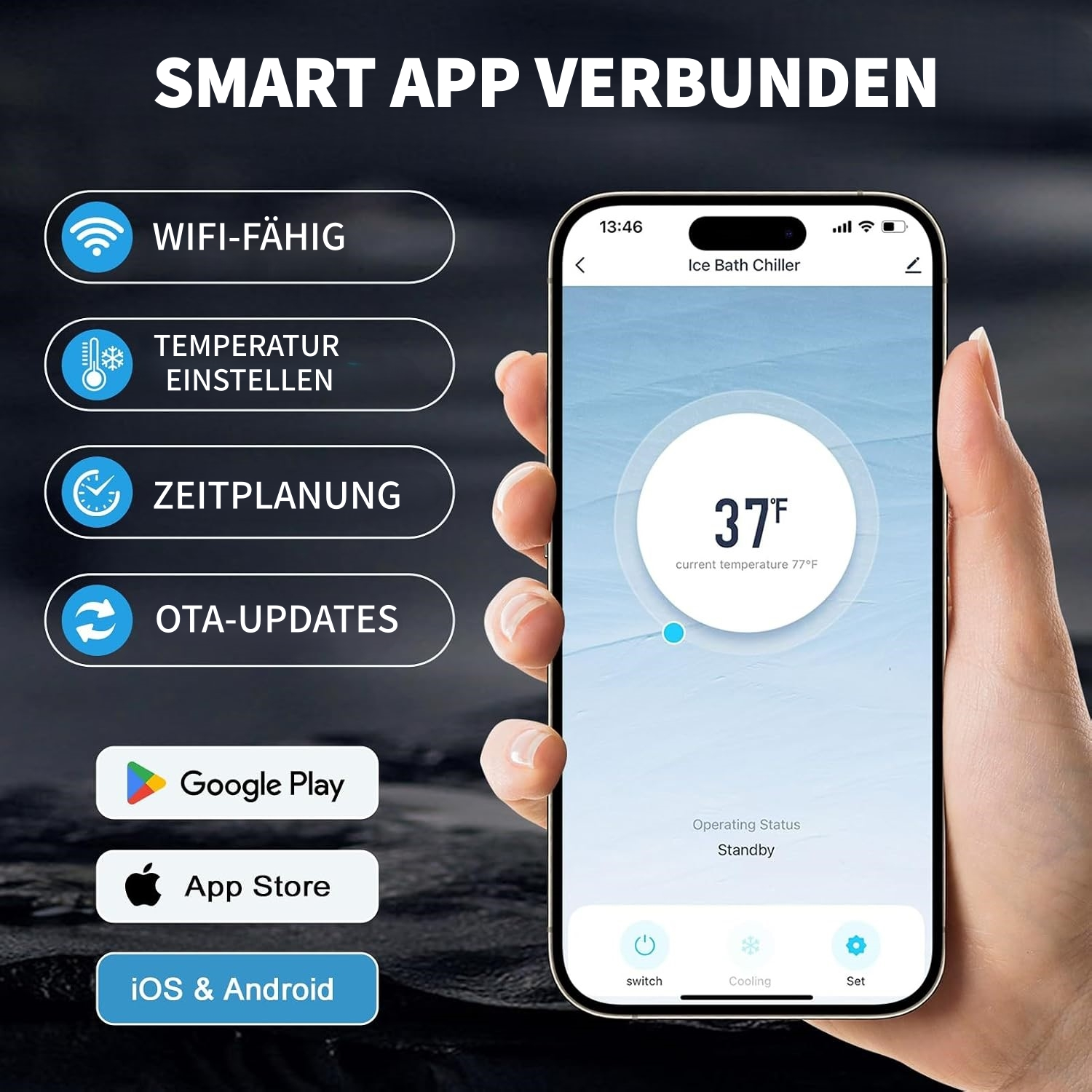 Hand hält Smartphone mit App für Eisbad-Kühler. Funktionen: WLAN, Temperatur, Zeitplanung, Updates.