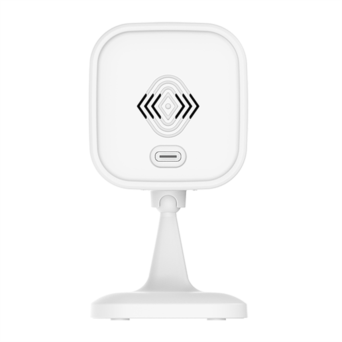 Telecamera bianca con parte superiore quadrata e supporto. Ha una porta USB-C e una griglia dell'altoparlante.