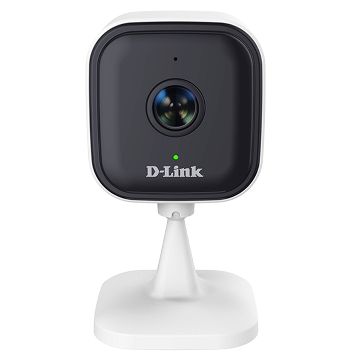 Una telecamera di sicurezza D-Link bianca su un supporto bianco.