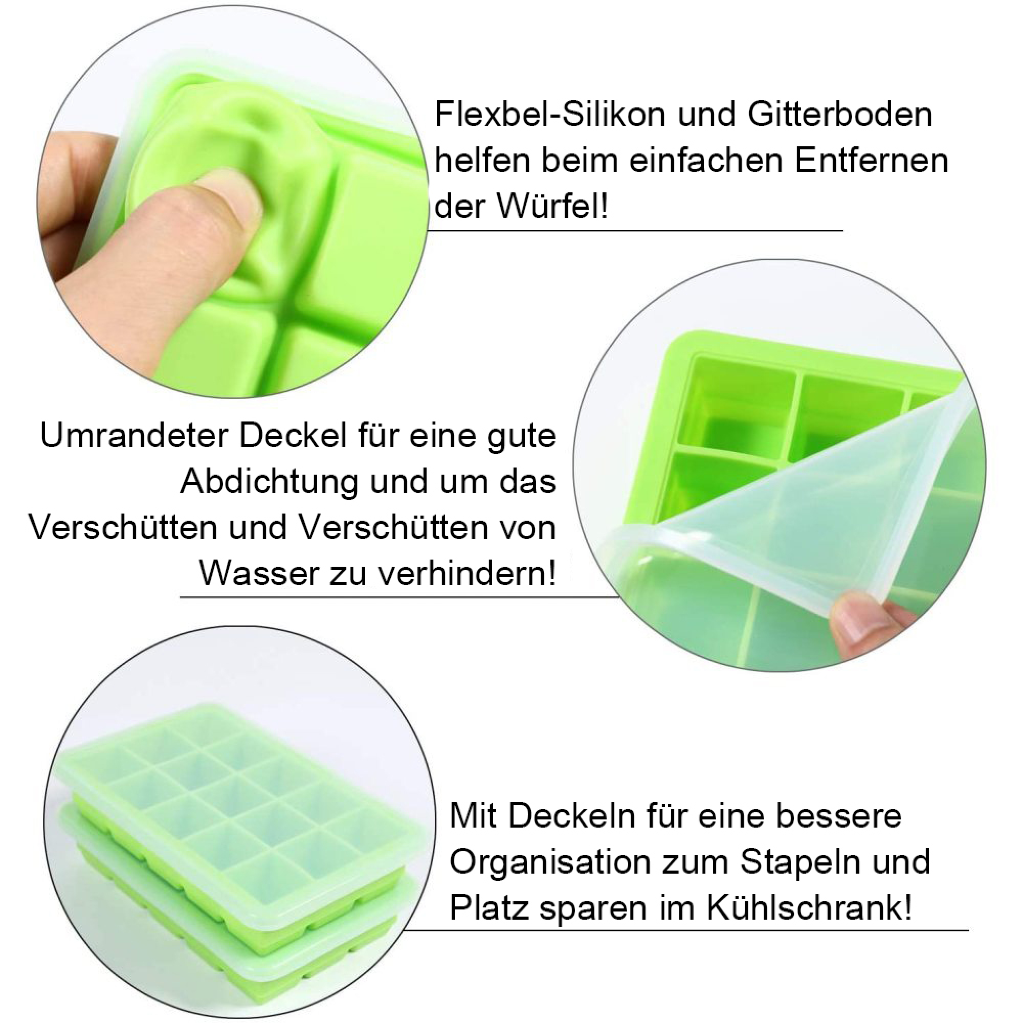 Grüne Eiswürfelform aus flexiblem Silikon mit Deckel, stapelbar.