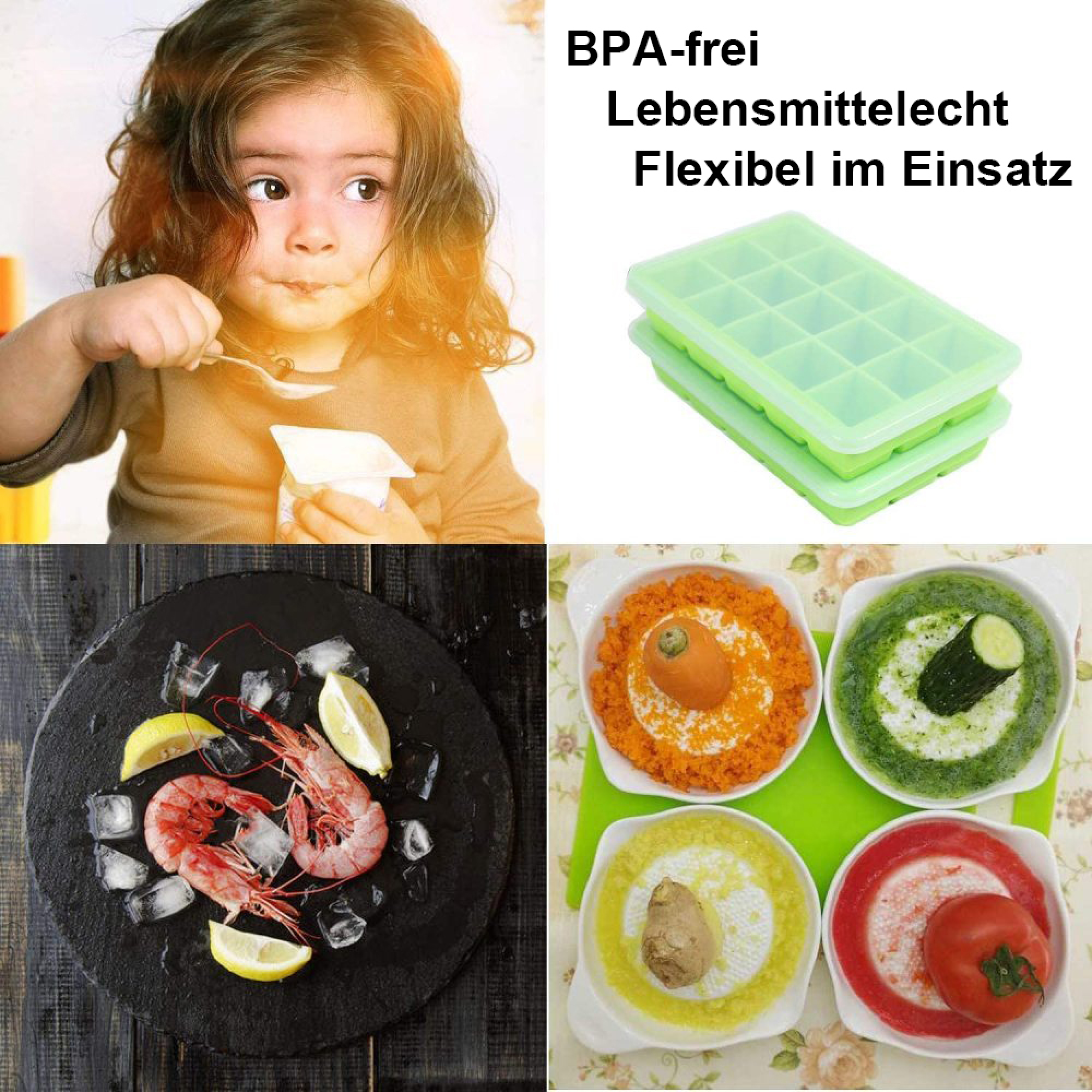 Ein Kind isst, Eiswürfel mit Garnelen, und vier Schalen mit zerkleinertem Gemüse.