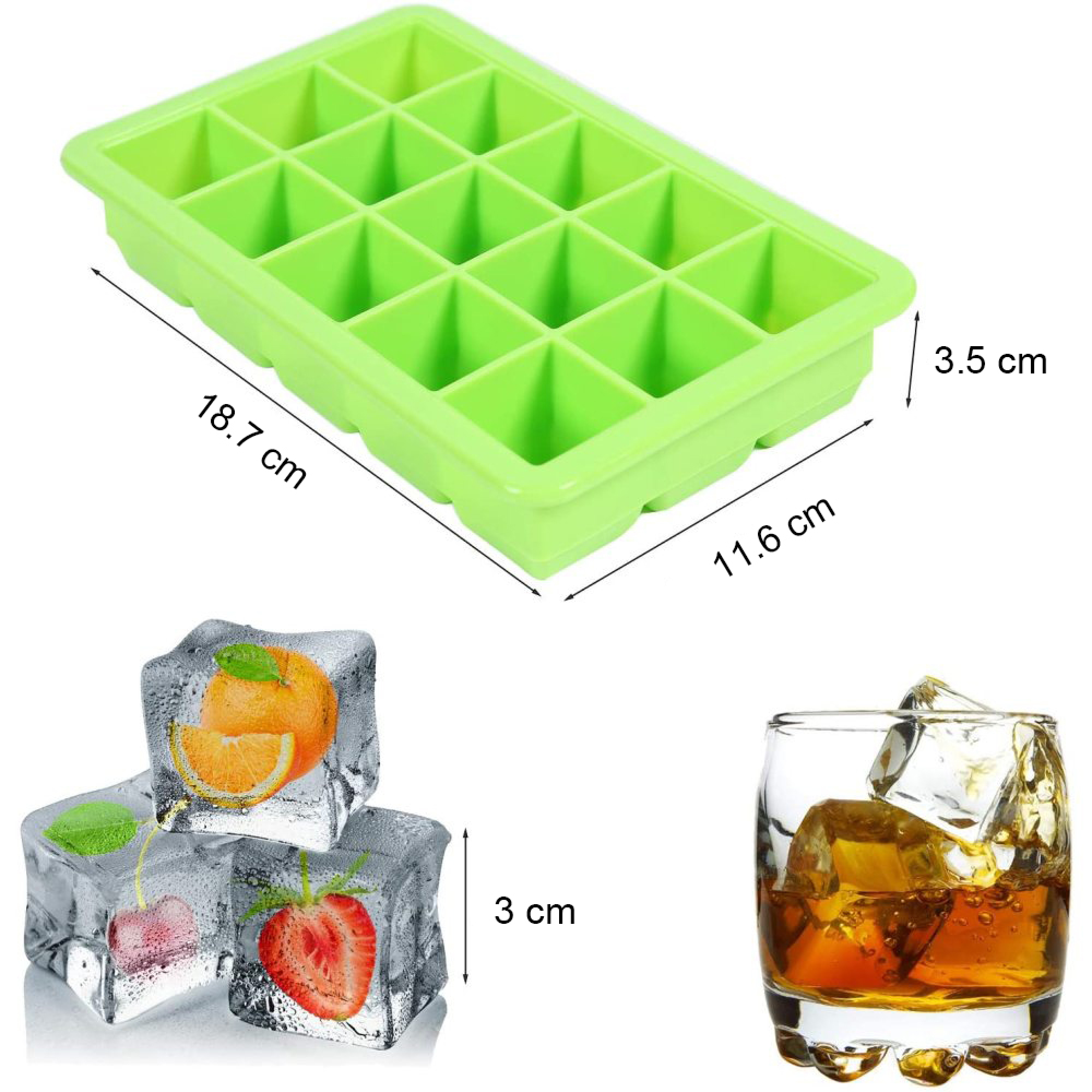 Grüne Eiswürfelform, Eiswürfel mit Früchten, Glas Whisky mit Eis.