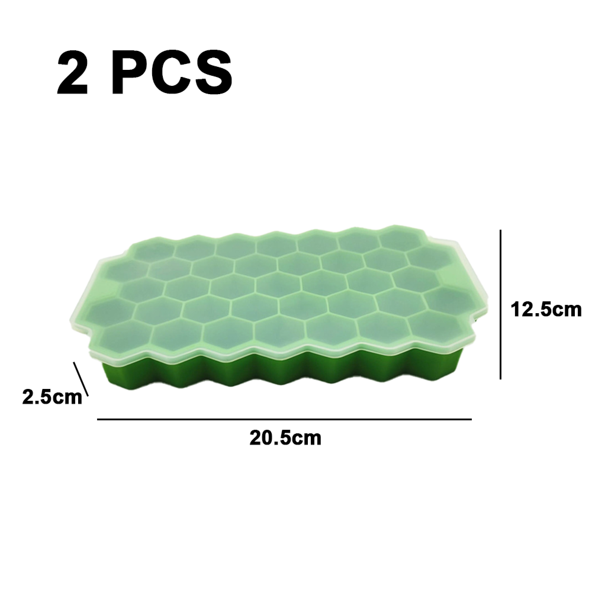Grüne sechseckige Eiswürfelform mit Deckel. Maße: 20,5 cm, 12,5 cm, 2,5 cm.