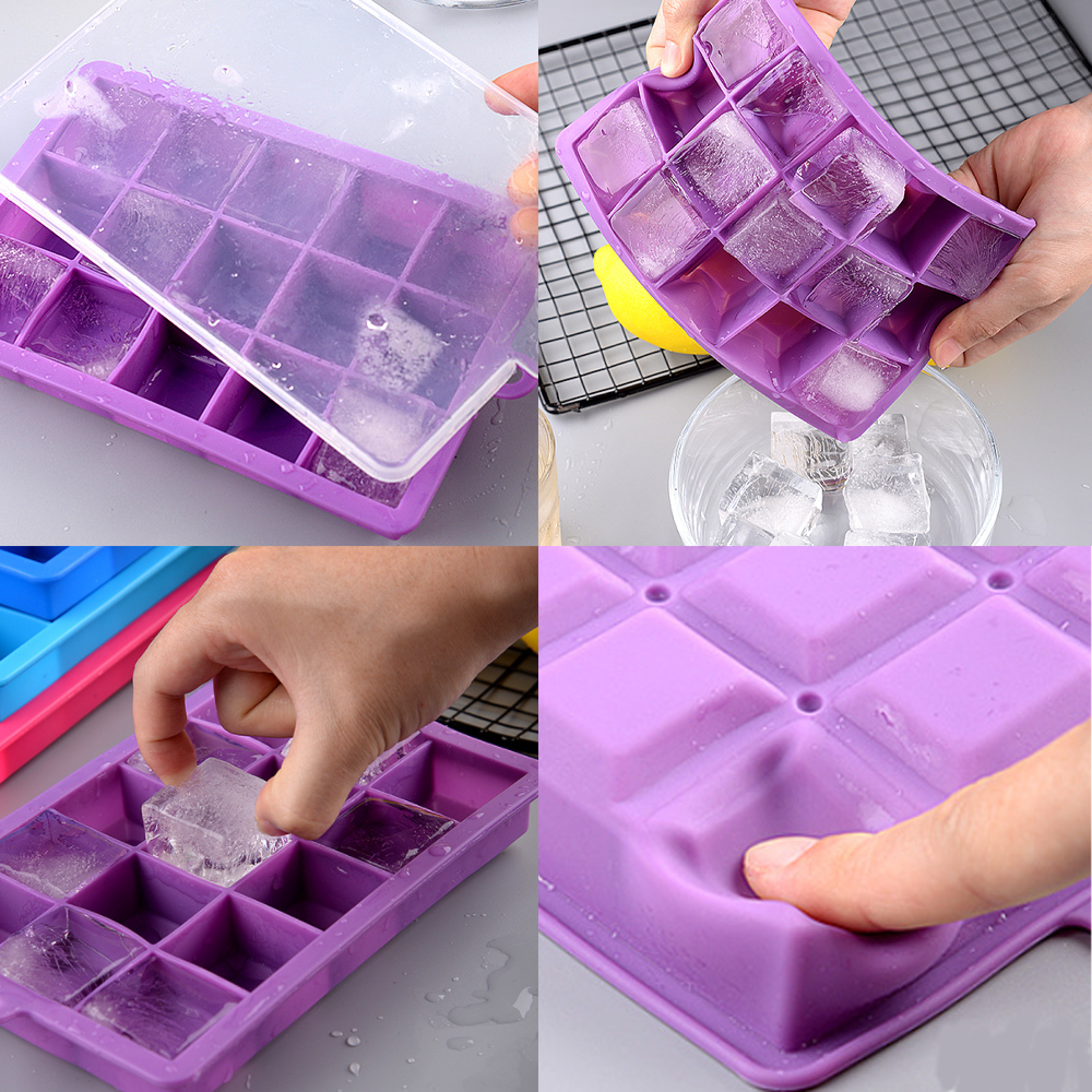 Lila Eiswürfelform mit Eiswürfeln und Deckel. Finger drückt auf einen Würfel.