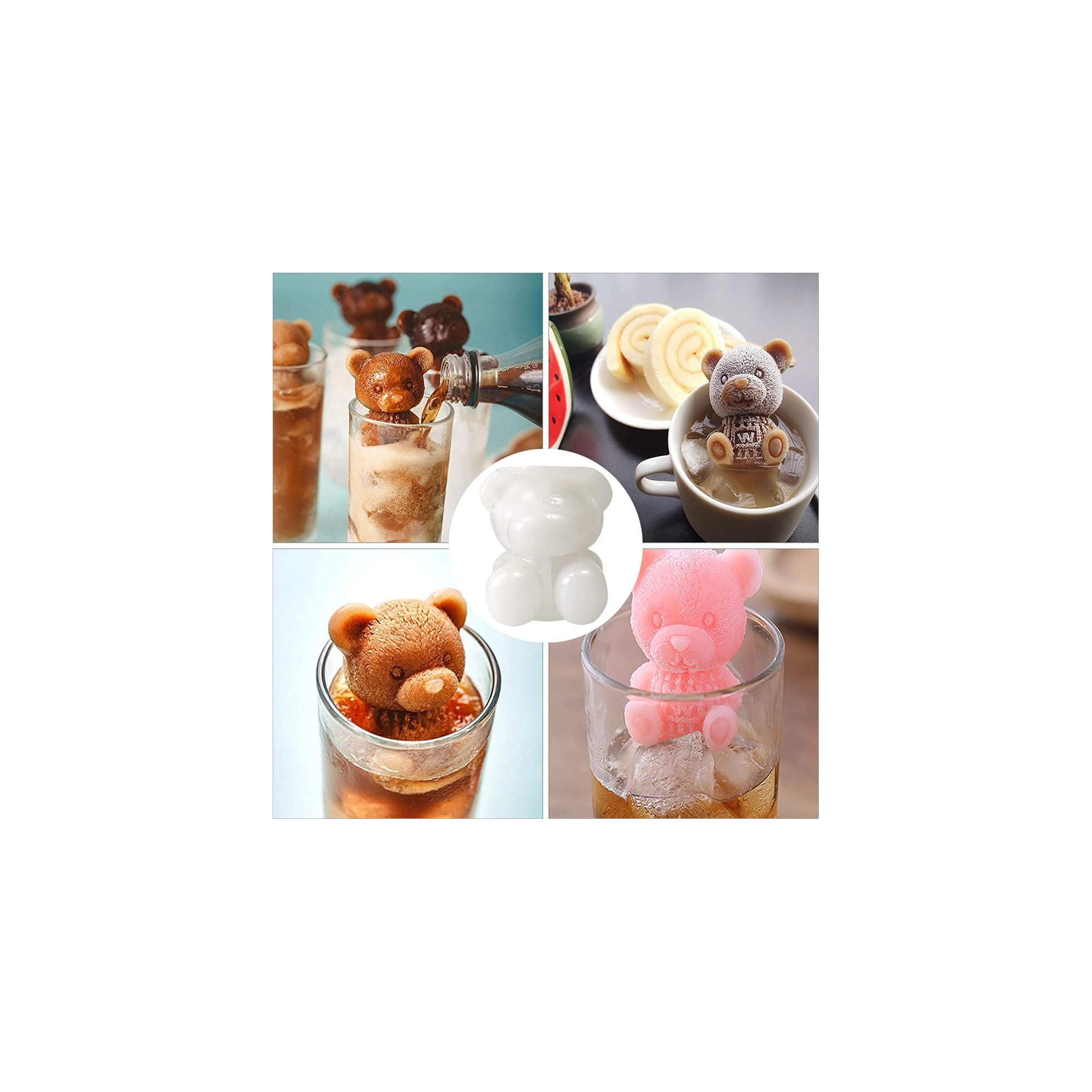 Bärenförmige Eiswürfel in Getränken und ein leerer Eiswürfelbehälter.