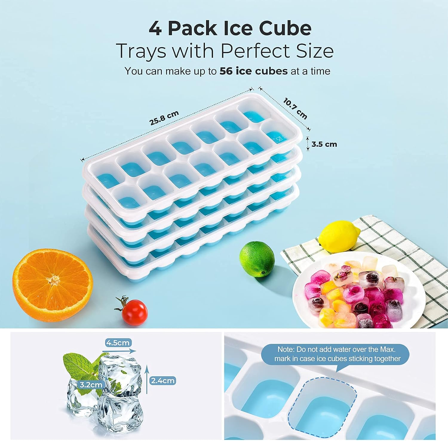Vier Stapel Eiswürfelformen, blau gefüllt, mit Früchten und Maßen.