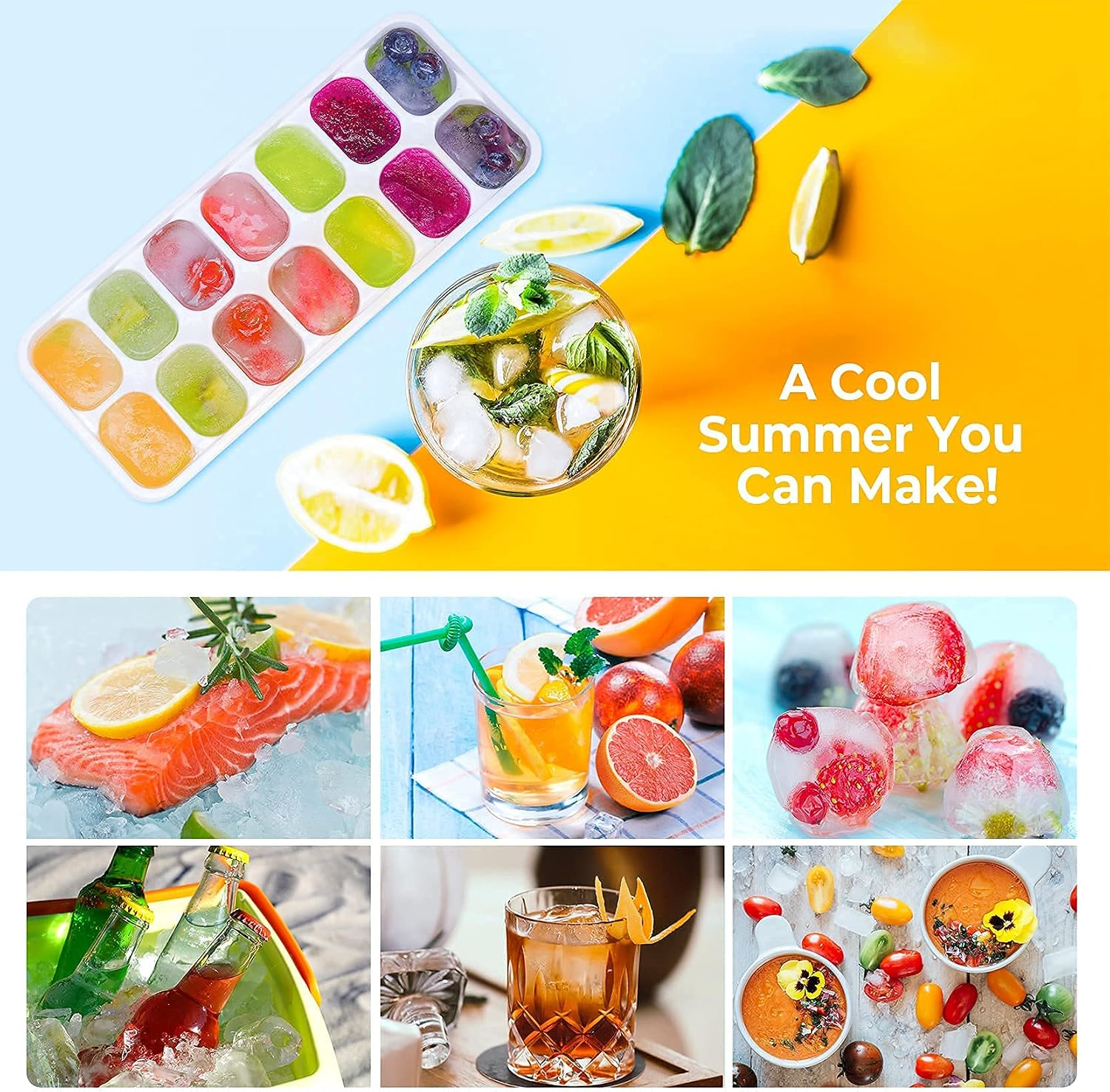 Eiswürfelform mit Früchten, Lachs, Getränken, Cocktails und Suppe.