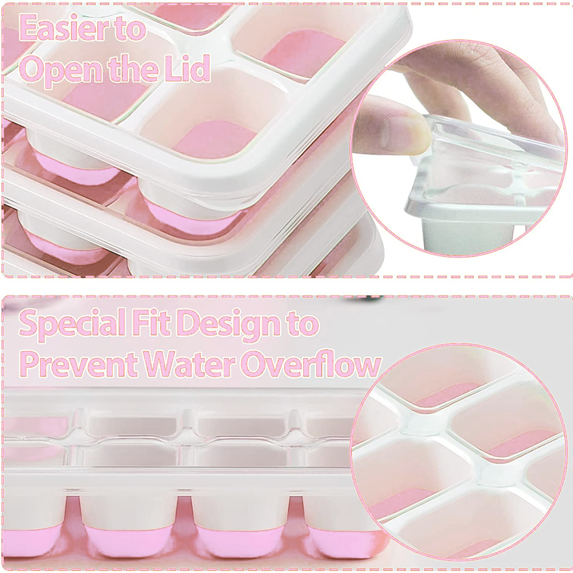 Eine Eiswürfelform mit rosa und weißer Farbe, die leicht zu öffnen ist.