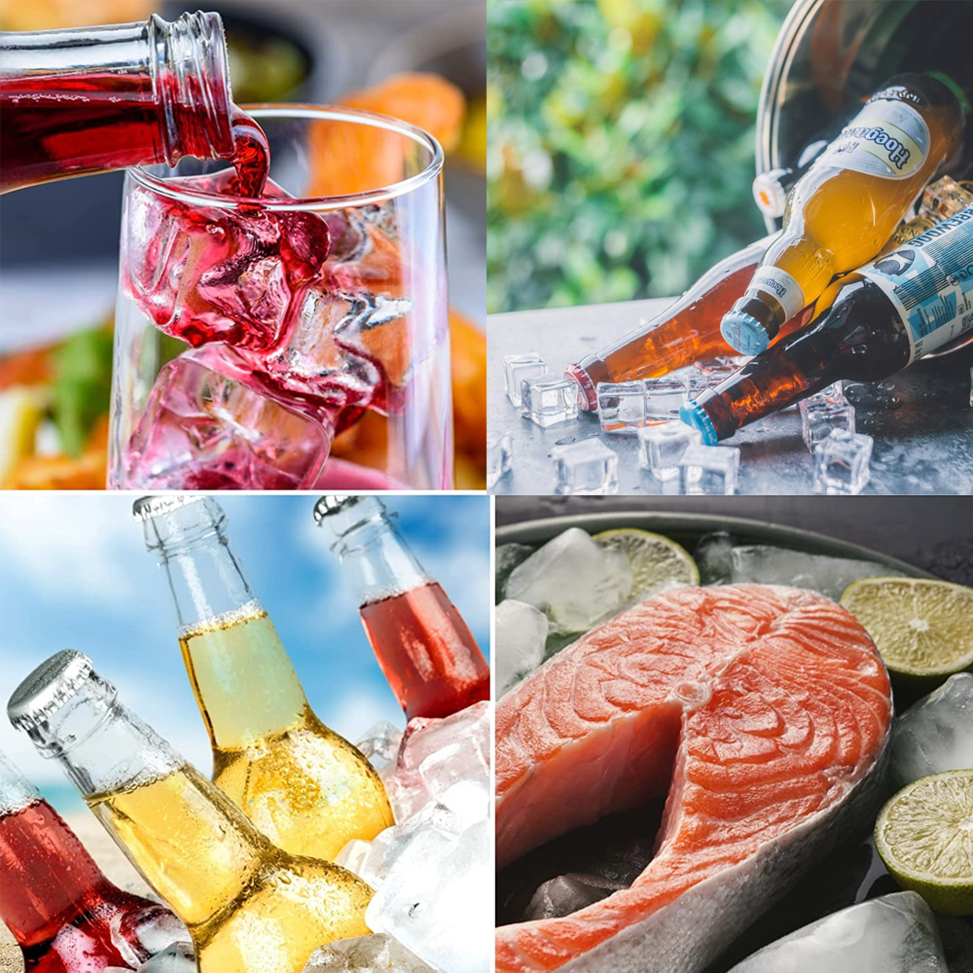 Vier Bilder: Roter Saft fließt in Eiswürfel, Bierflaschen in Eimer, Flaschen am Strand, Lachssteak mit Limette.