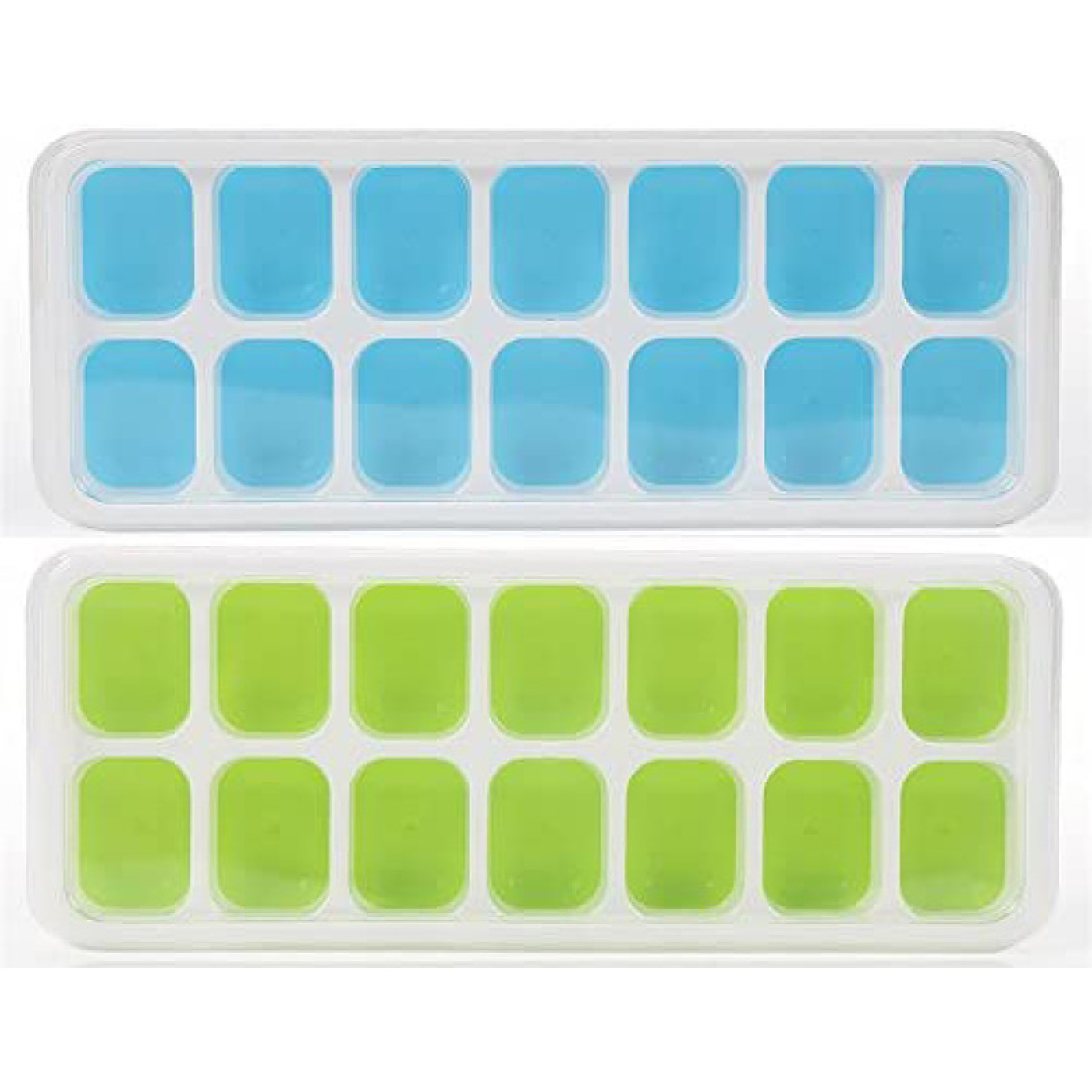 Zwei Eiswürfelformen, eine mit blauen, die andere mit grünen Fächern.