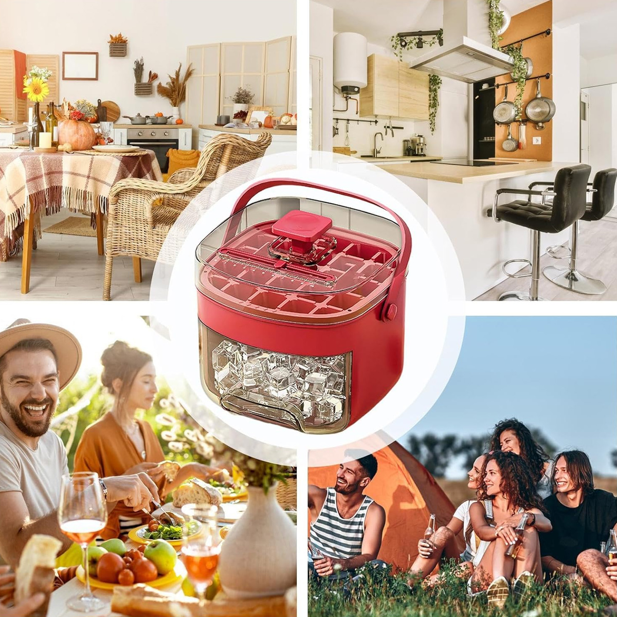 Collage: Esszimmer, Küche, Eisbereiter, Picknick und Camping mit Freunden.