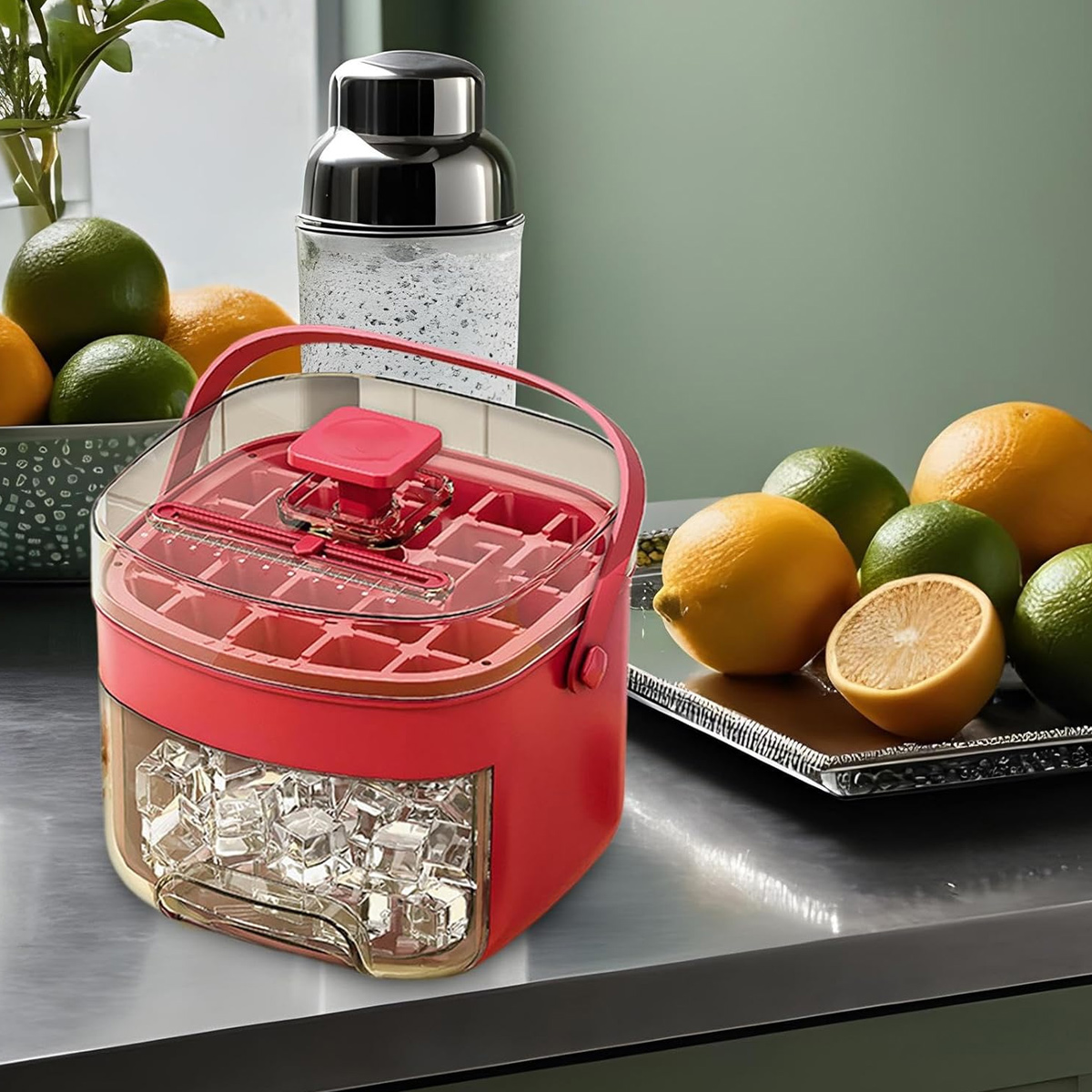 Roter Eiswürfelbehälter mit gefülltem Fach, daneben Zitrusfrüchte und ein Shaker.