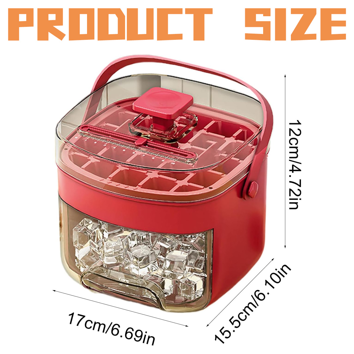Roter Eiswürfelbehälter mit durchsichtigem Fach voller Eiswürfel.