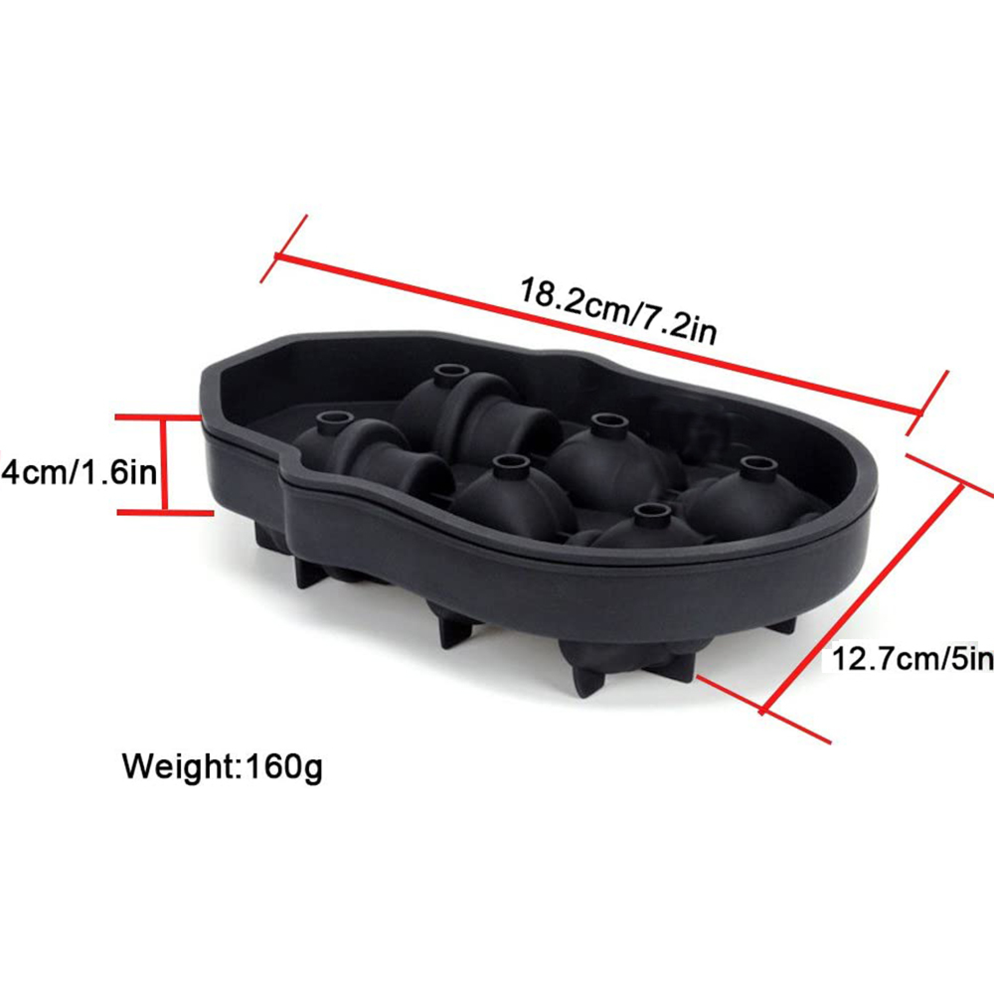 Schwarze Silikonform für Eiswürfel mit Kugeln, mit Maßen.