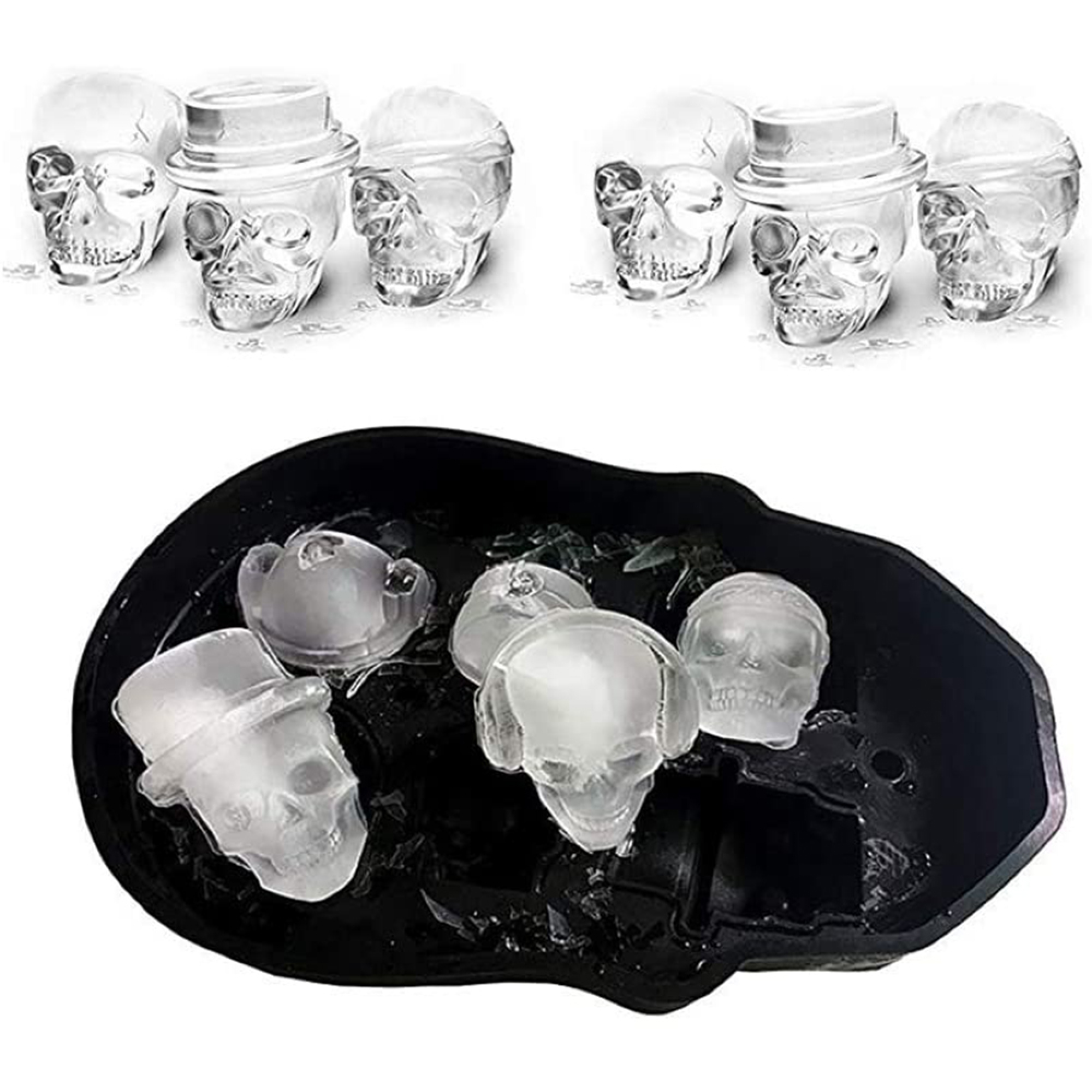 Sechs durchsichtige Eiswürfel in Totenkopfform, vier davon in einer schwarzen Form.