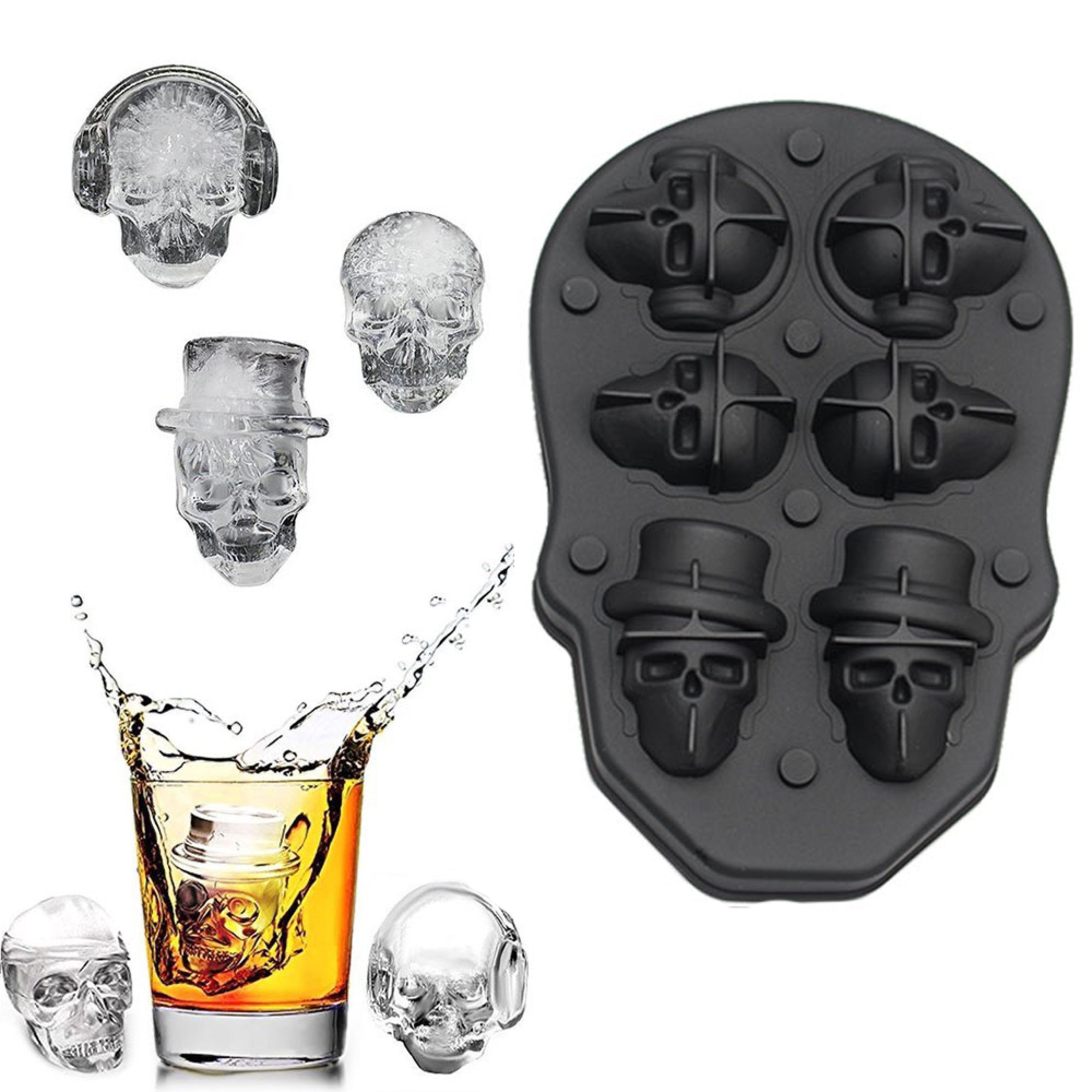 Ein schwarzes Totenkopf-Eiswürfelform-Set mit Eiswürfeln und einem Whiskyglas.