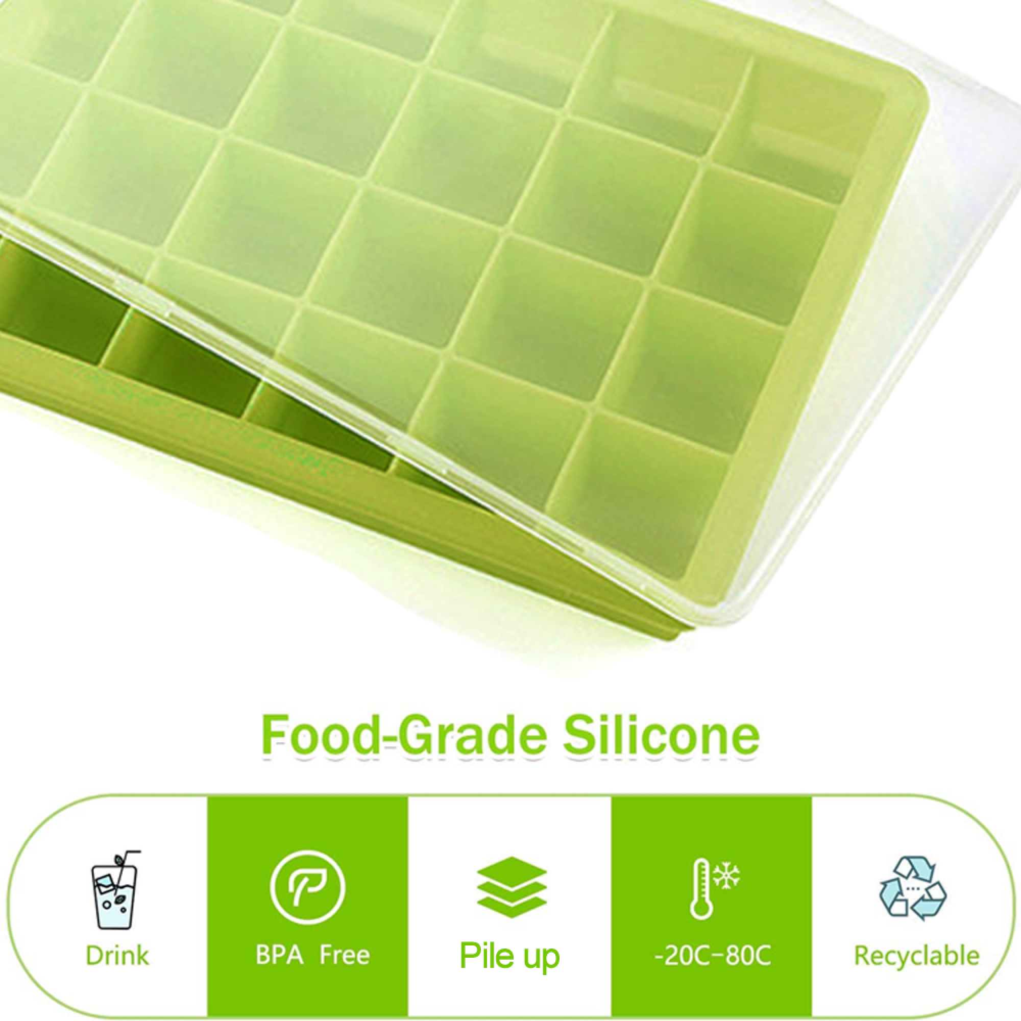 Grüne Silikon-Eiswürfelform mit Deckel und Icons für BPA-frei, stapelbar, Temp.-Bereich und Recycling.