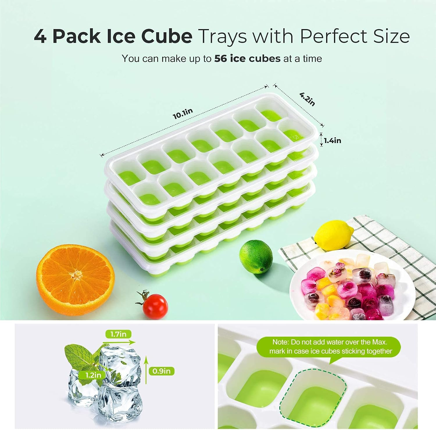Vier Packung Eiswürfelformen mit perfekter Größe, Früchte und Eiswürfel.