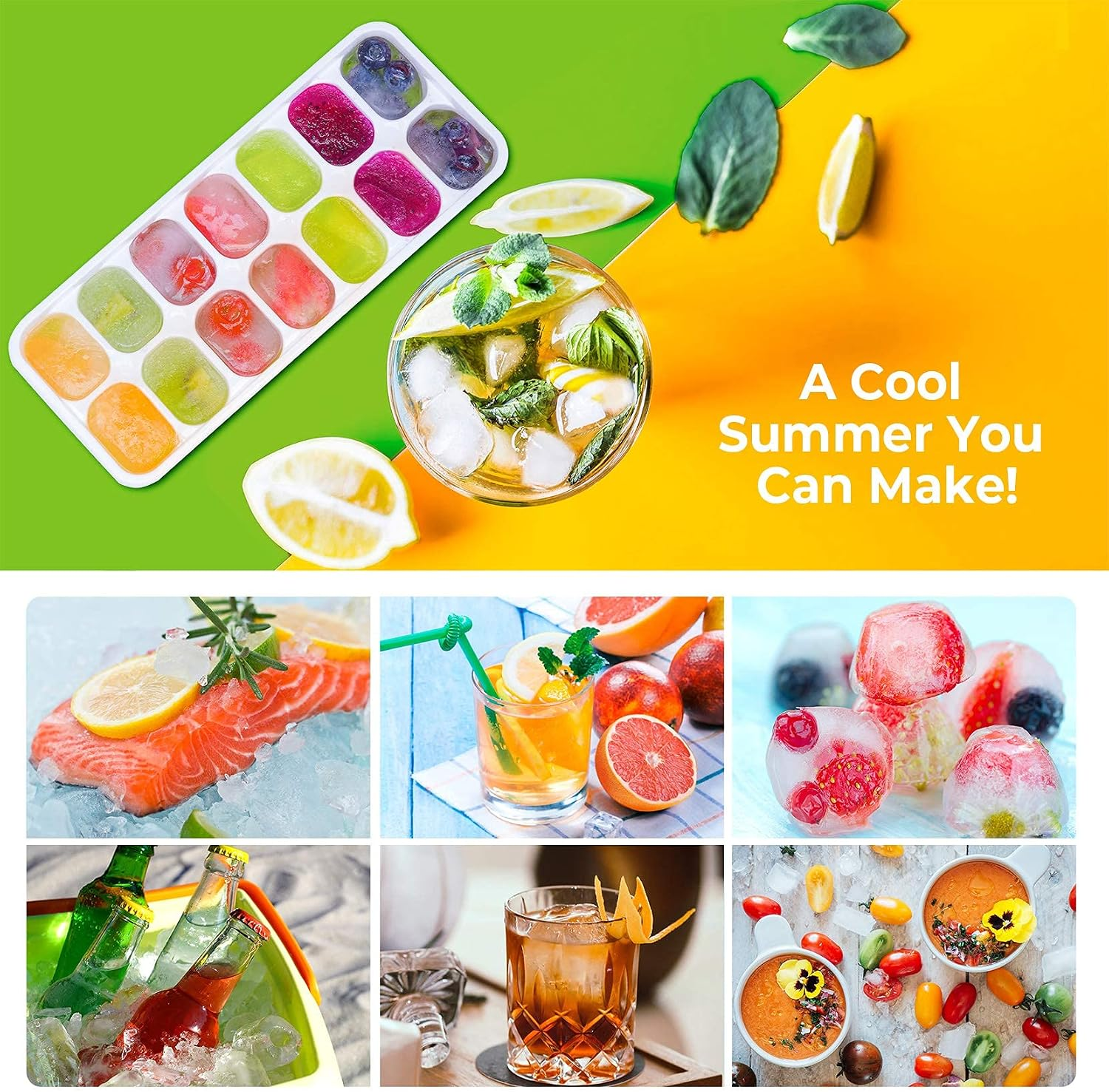 Eiswürfelform mit Früchten, Getränk, Lachs, Grapefruits, gefrorene Früchte, Flaschen, Cocktail, Suppe.