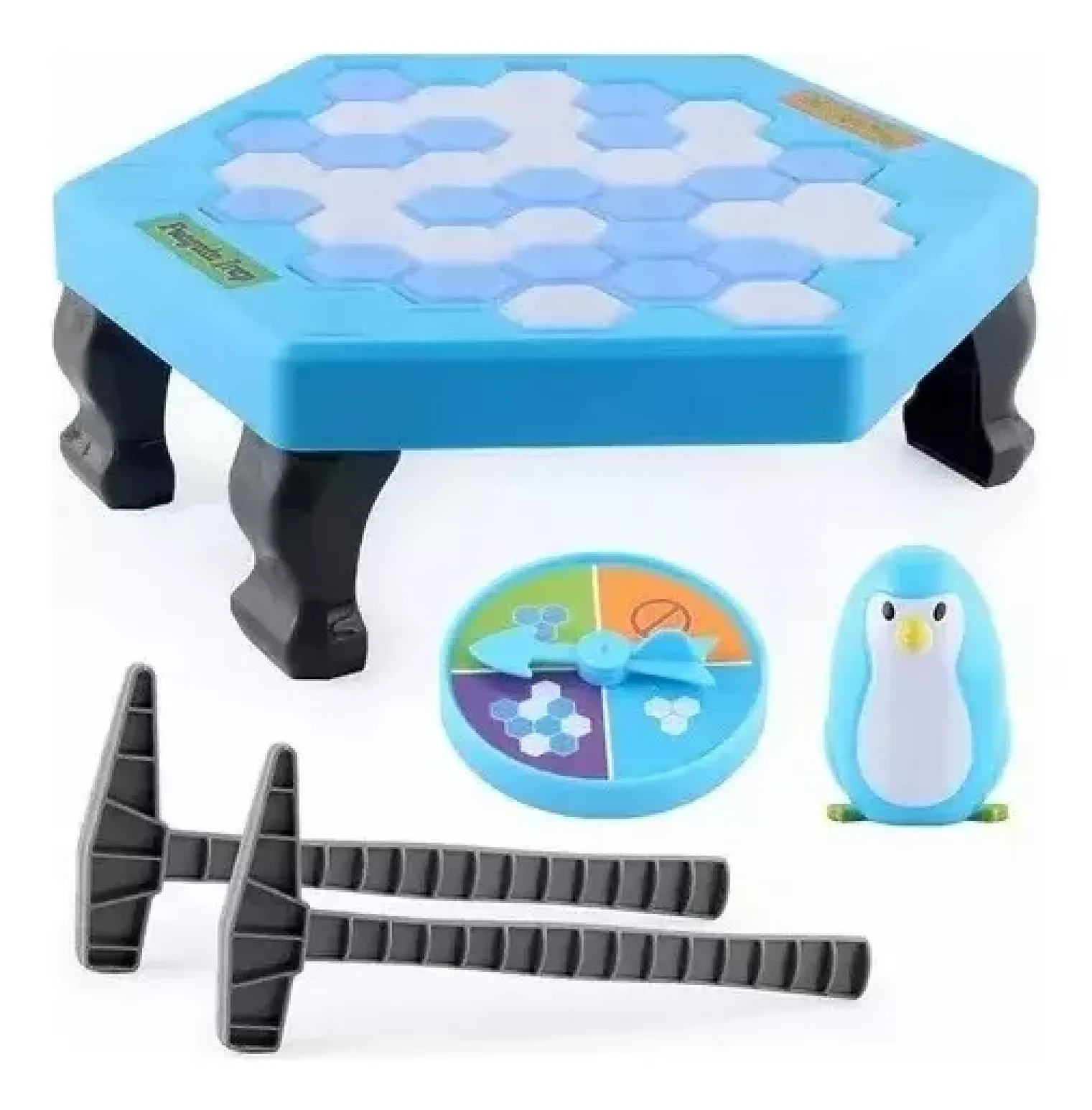 Ein blaues Spielbrett mit sechseckigen Feldern, dazu ein Pinguin, Hammer und ein Drehrad.