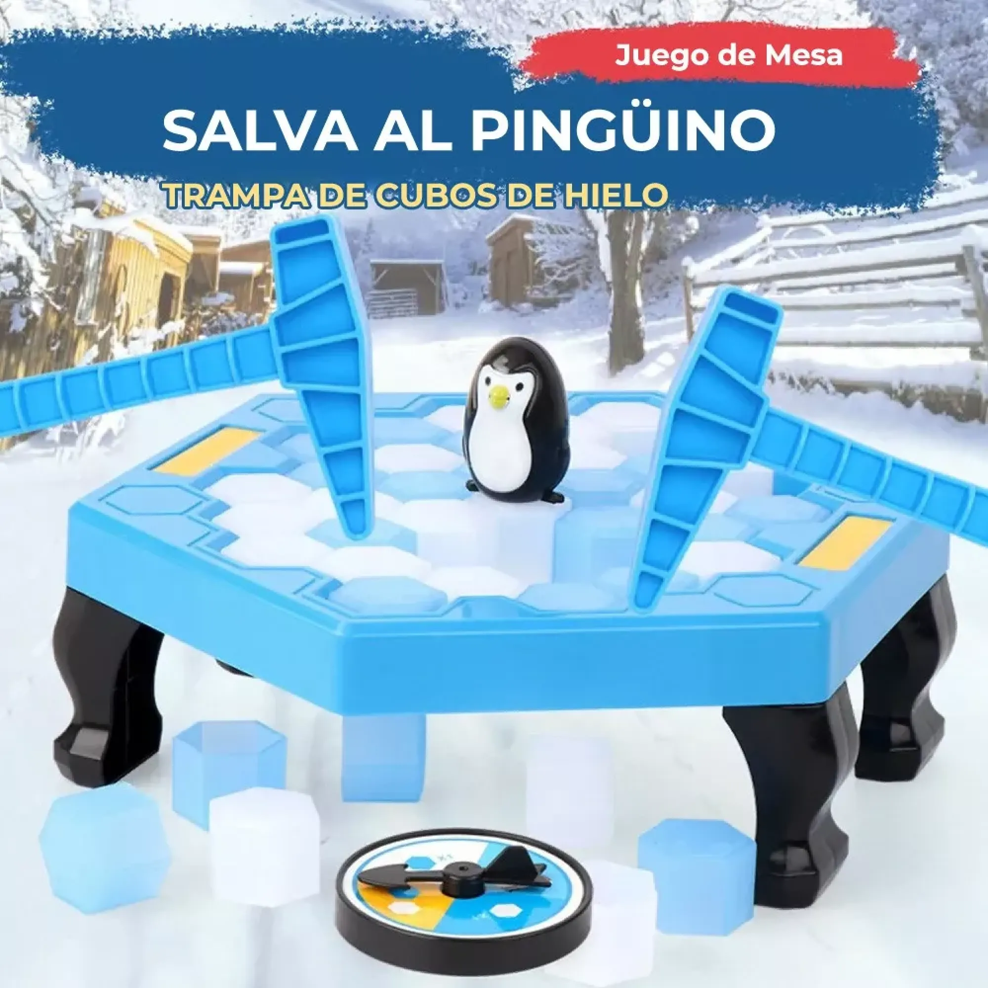 Ein Pinguinspielzeug sitzt auf einem blauen Eisbrecher-Spielbrett mit Eiswürfeln und Hämmern.