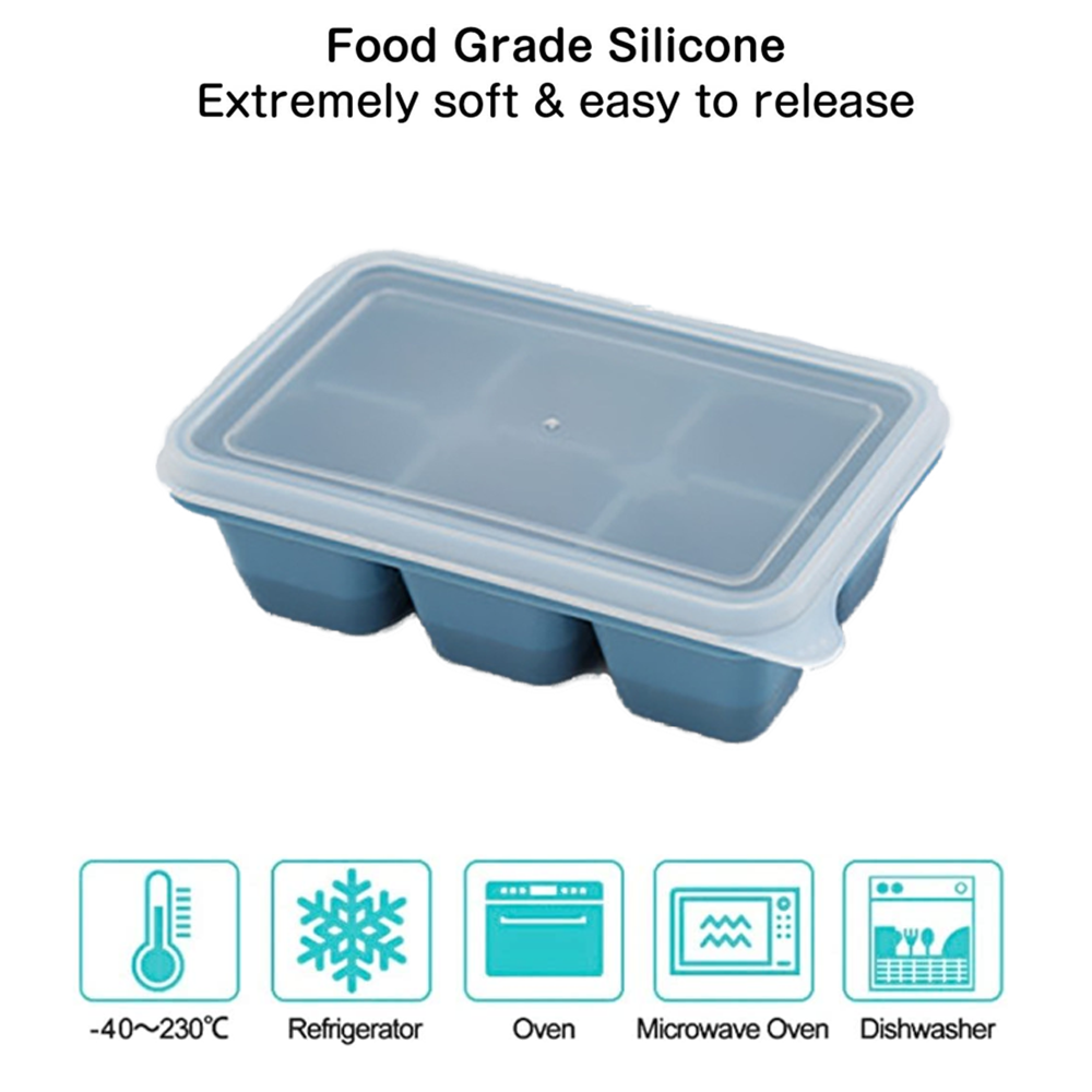 Blaue Silikon-Eiswürfelform mit Deckel, geeignet für -40 bis 230°C.