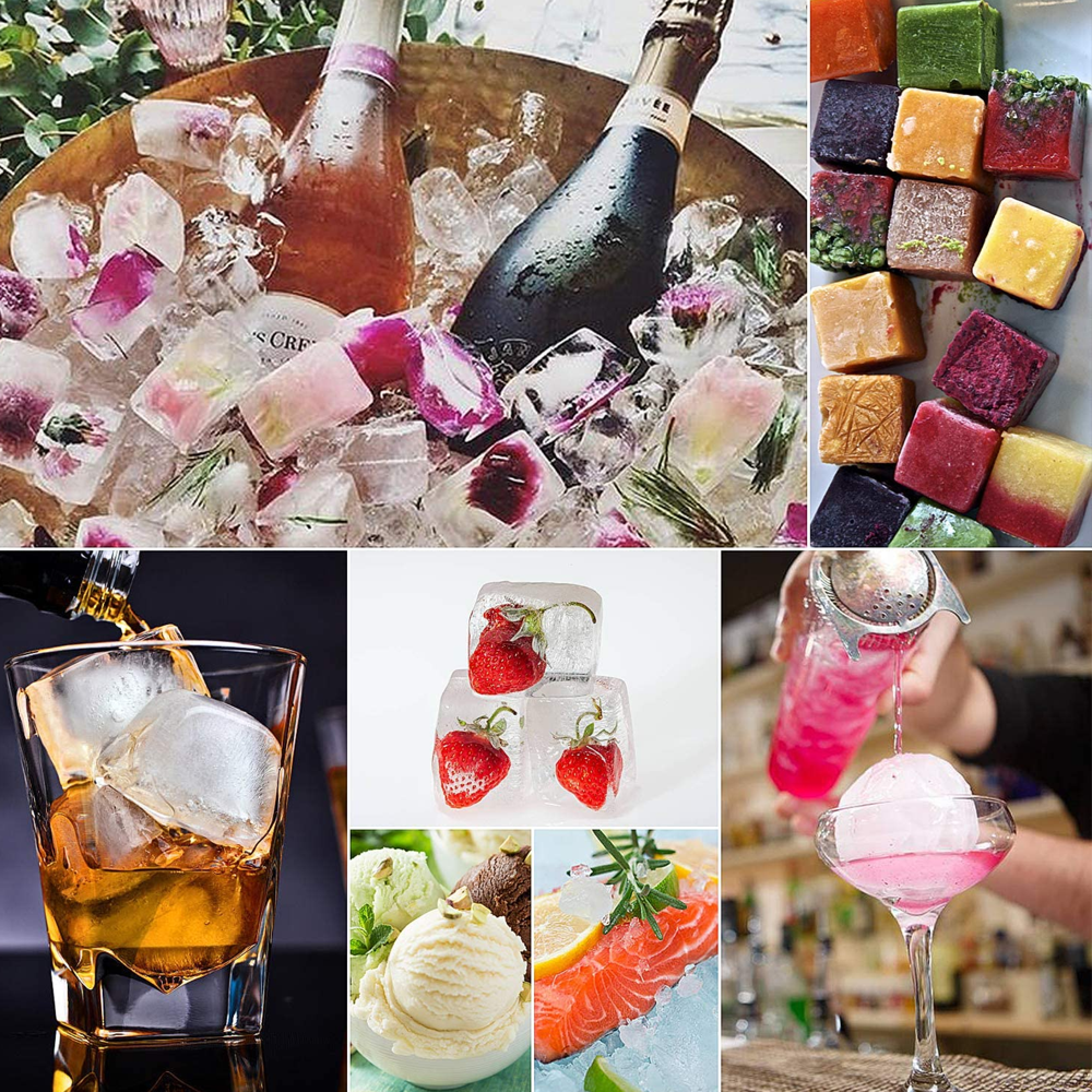 Mehrere Szenen mit Getränken und Lebensmitteln, darunter Champagner in Eis, Eiswürfel mit Früchten, Whiskey, Eiscreme und Lachs.