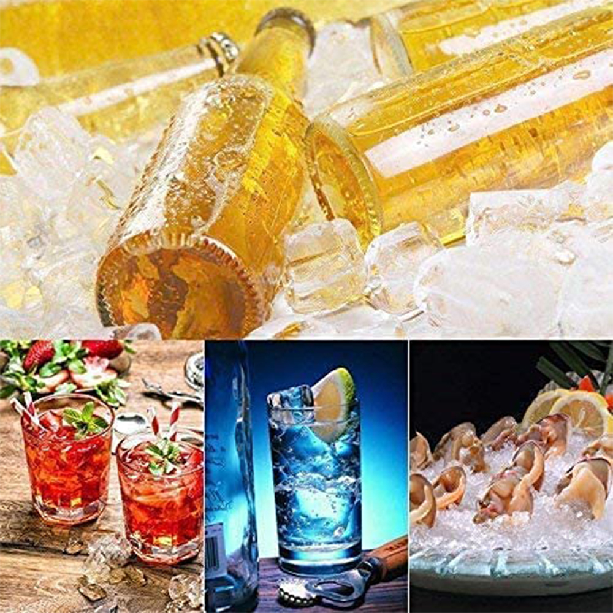 Bierflaschen in Eis, rote Cocktails, blauer Drink mit Zitrone, Austern auf Eis.