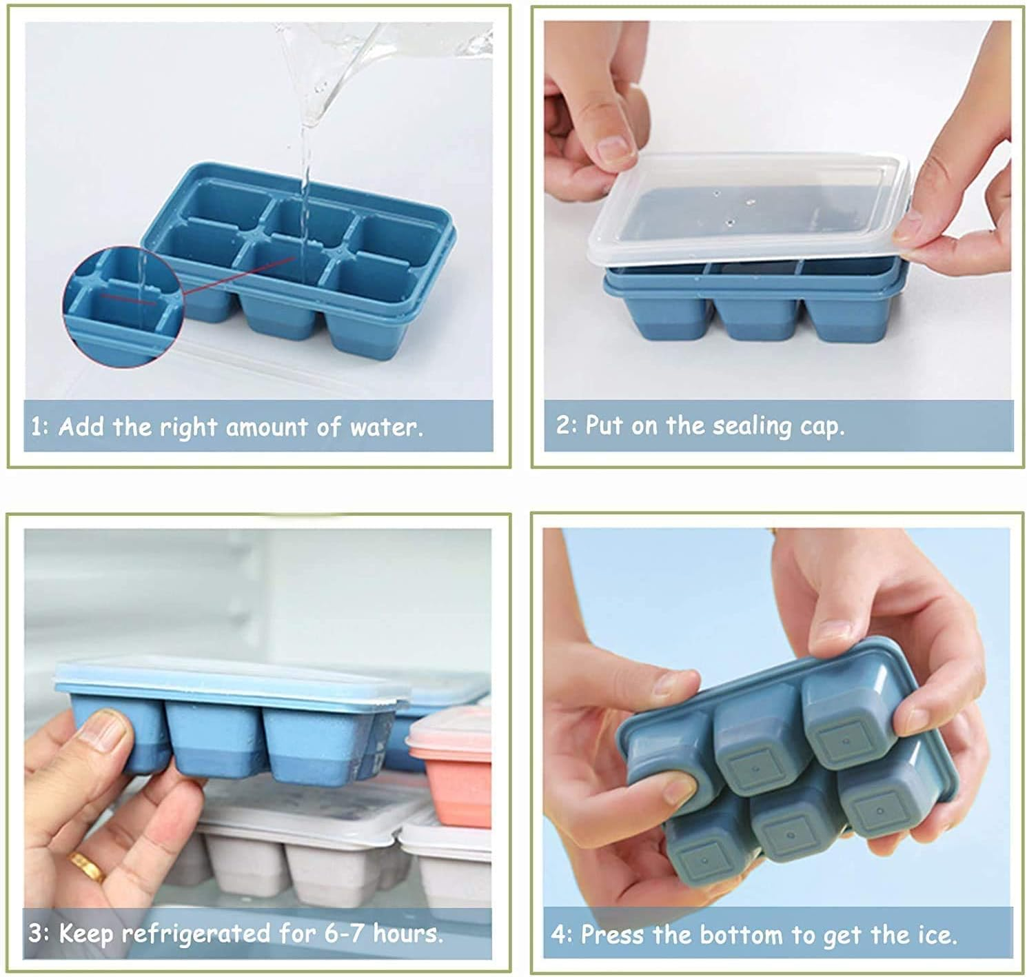 Blaues Eiswürfelform mit Wasser gefüllt, verschlossen, im Kühlschrank & Eis entnommen.