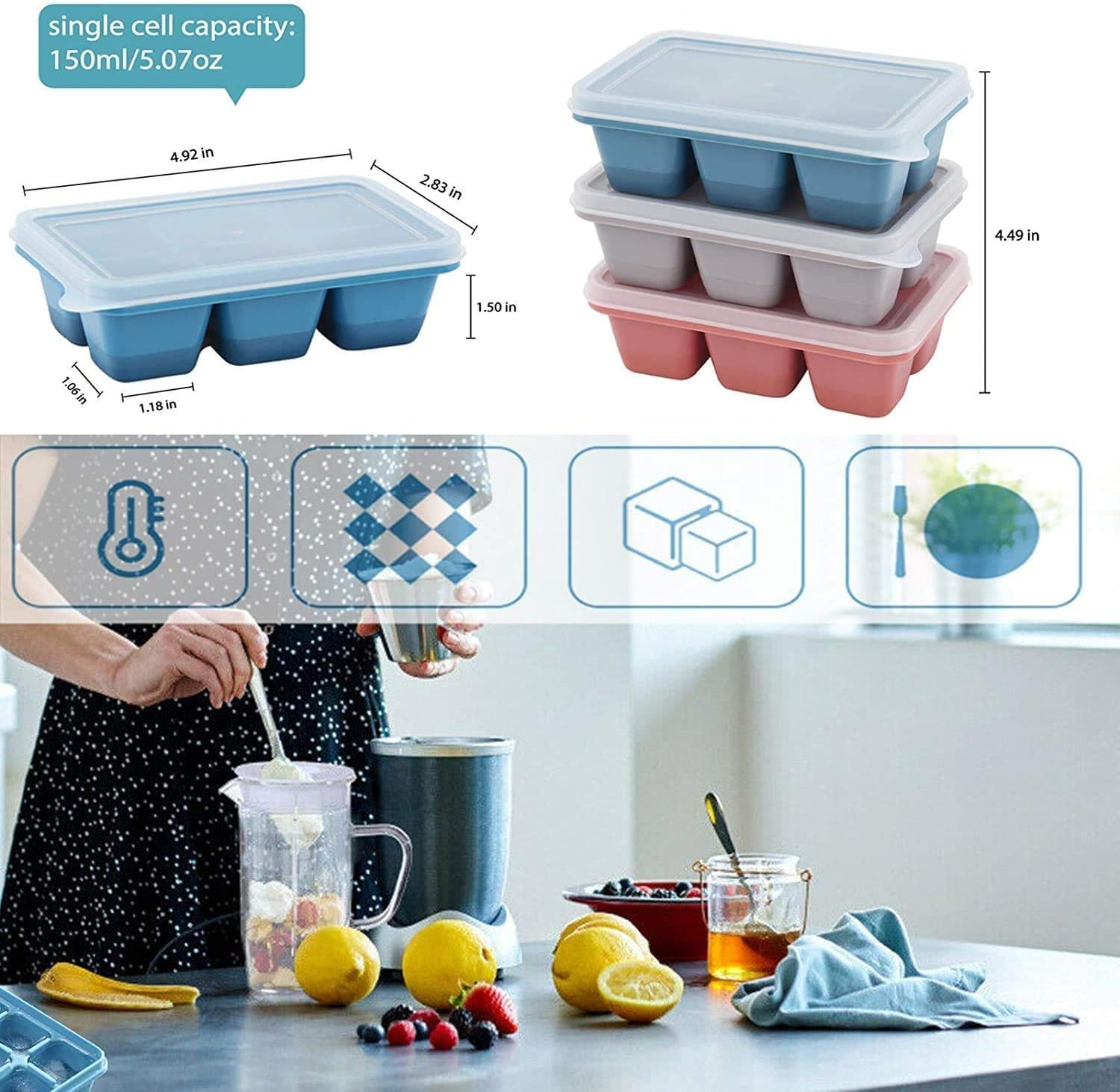 Mehrere Eiswürfelformen in Blau, Grau und Rosa mit Deckeln, daneben Zutaten für Getränke.