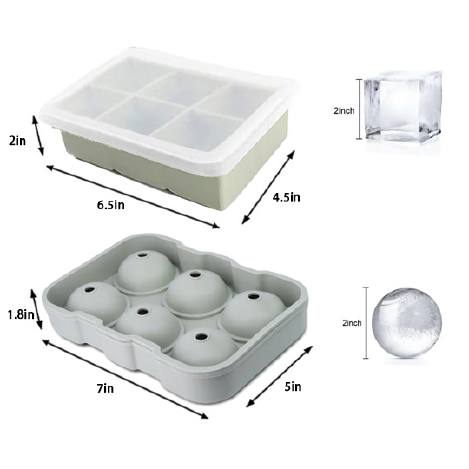Eiswürfelform und Kugelförmchen mit Maßen.