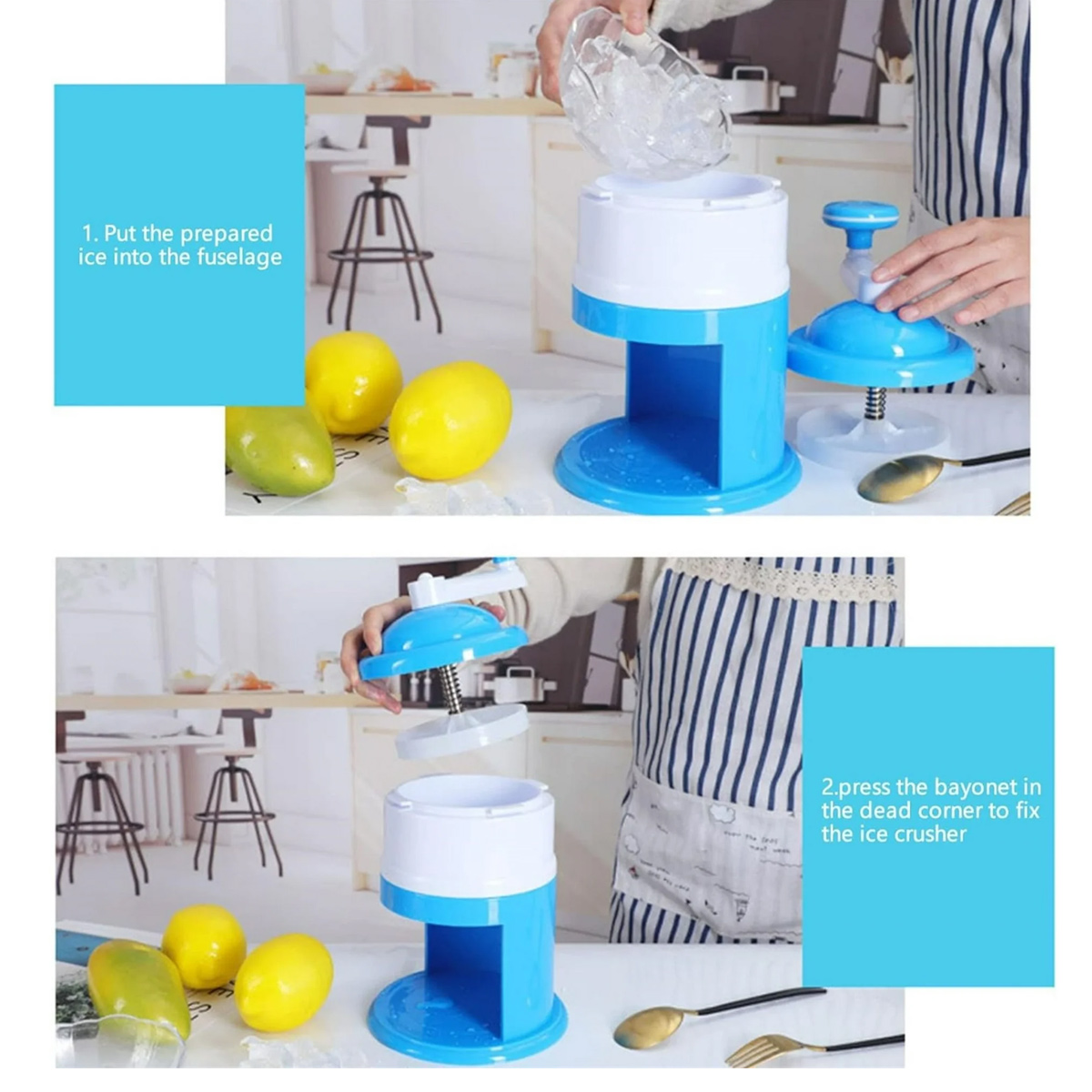 Eine blaue und weiße Eismaschine wird gezeigt, mit Eiswürfeln und Zitronen.