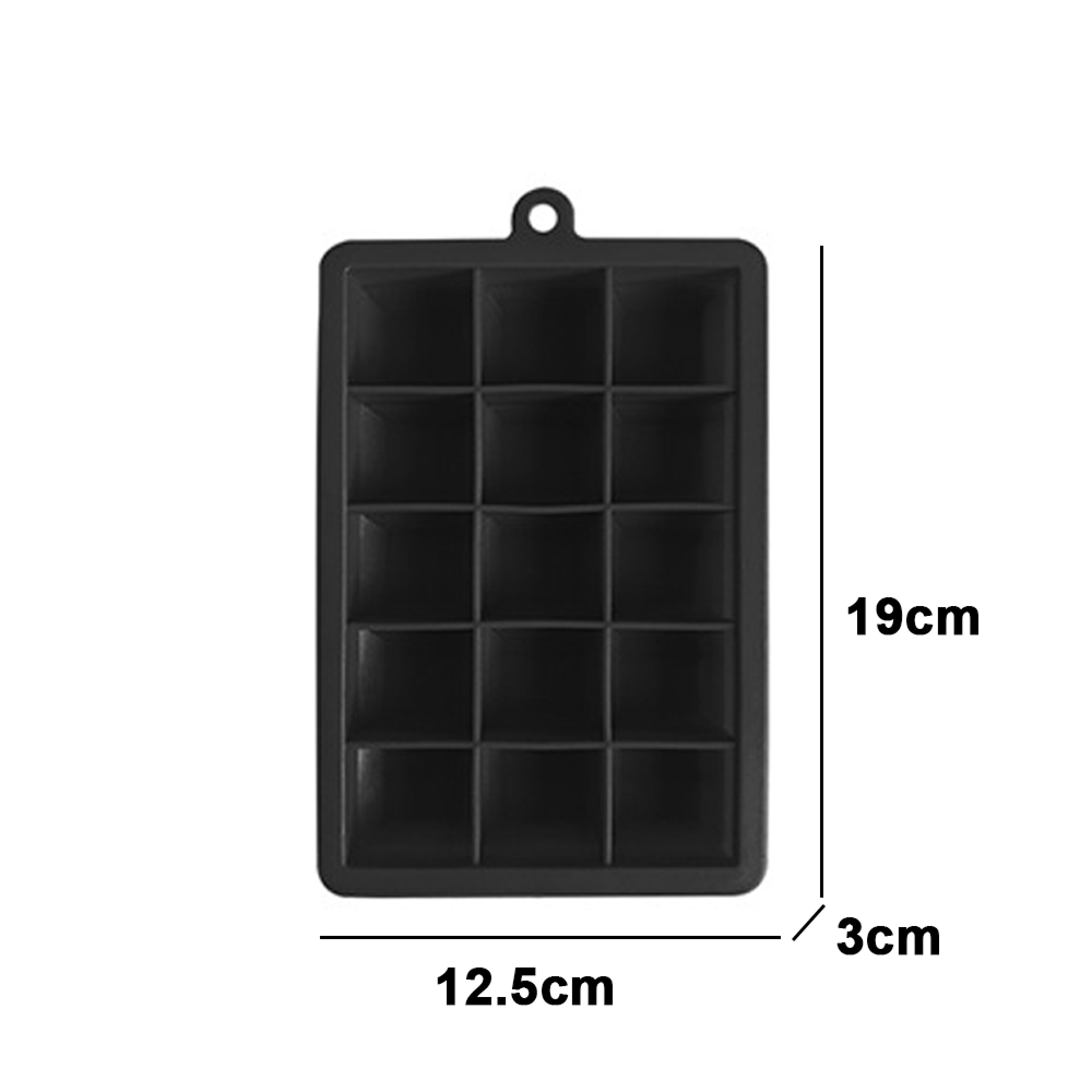 Schwarze Silikon-Eiswürfelform mit 15 quadratischen Fächern. Maße: 19cm x 12,5cm x 3cm.