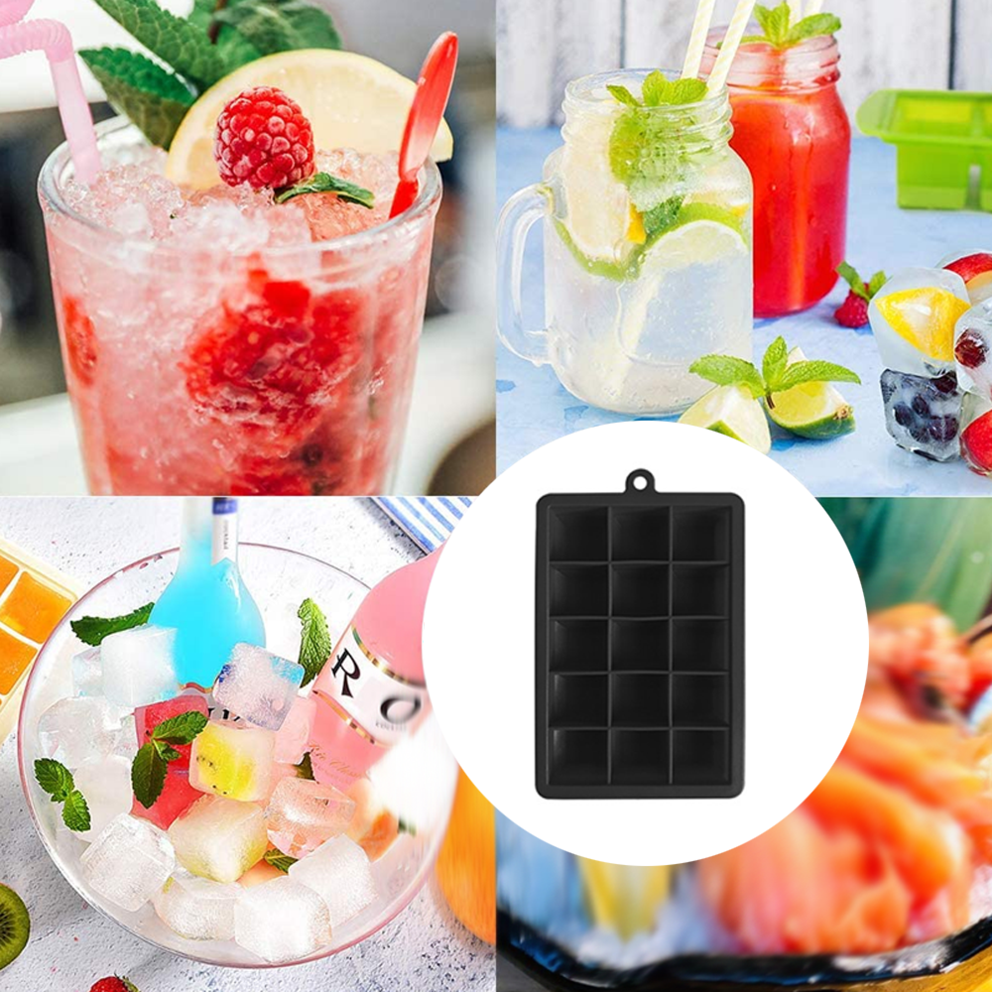 Vier Bilder von Getränken und Eis: Cocktail, Limonade, Eiswürfel und eine schwarze Eiswürfelform.