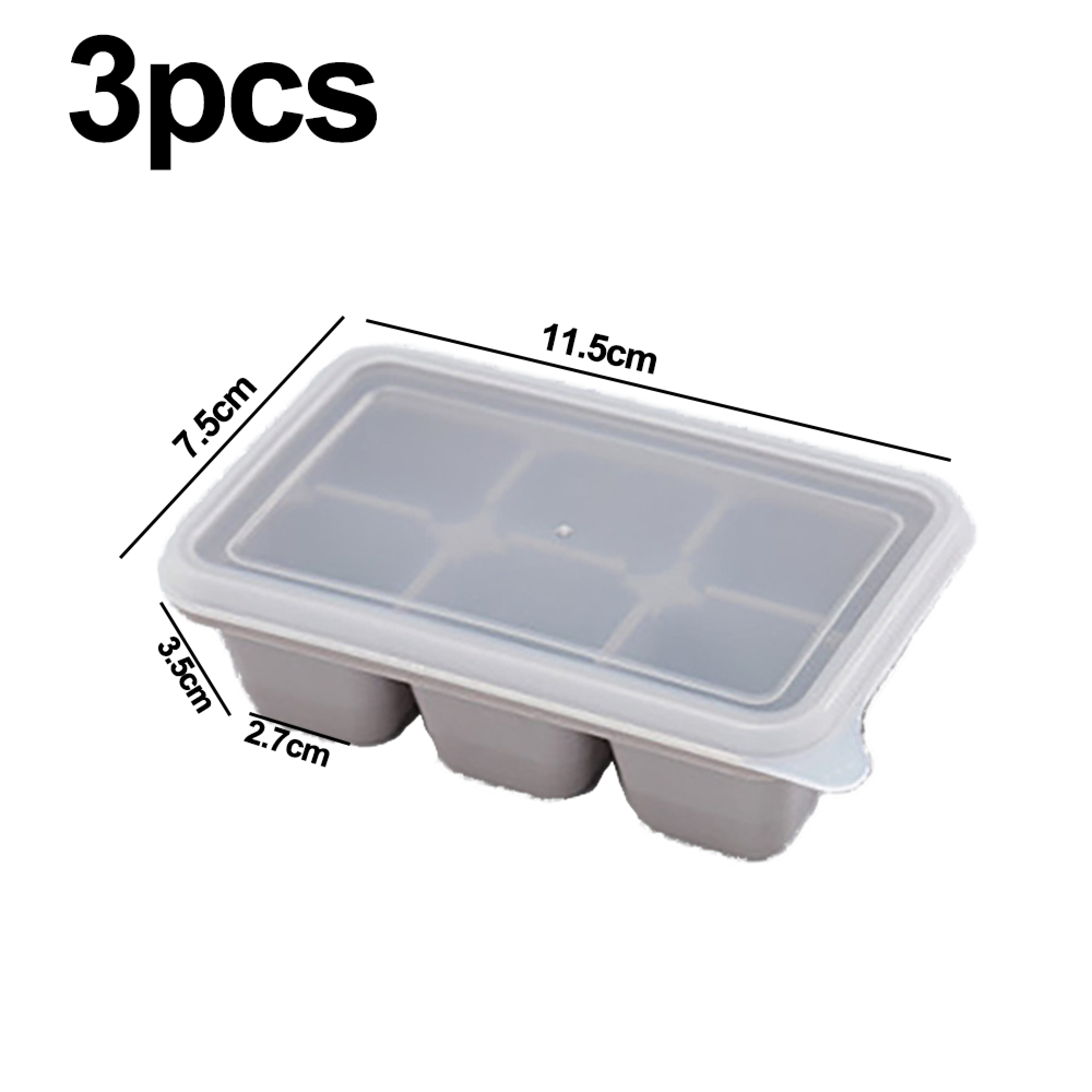 Graue Eiswürfelform aus Silikon mit 6 Fächern und transparentem Deckel.