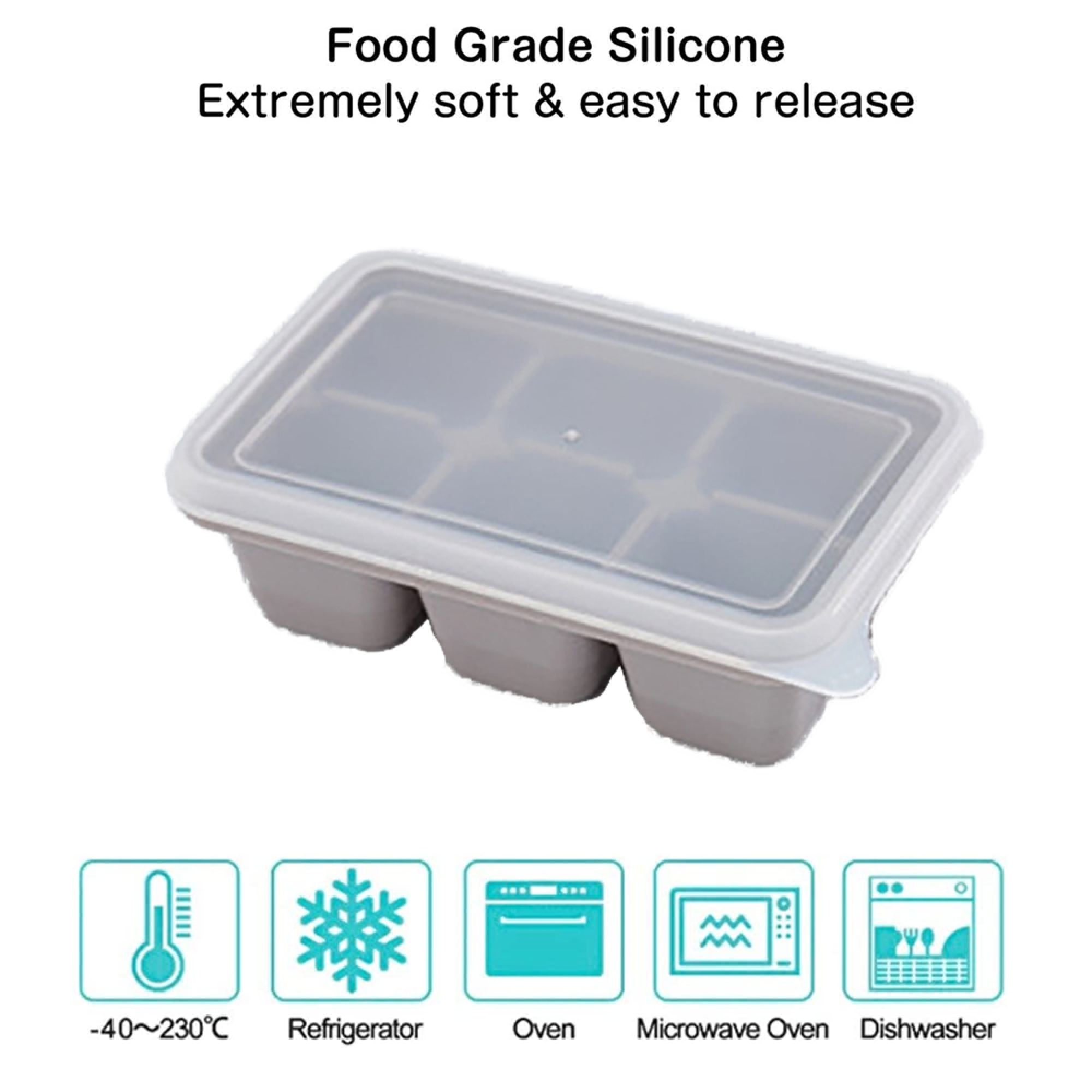 Graue Silikon-Eiswürfelform mit Deckel, für Kühlschrank, Ofen, Mikrowelle, Spülmaschine.