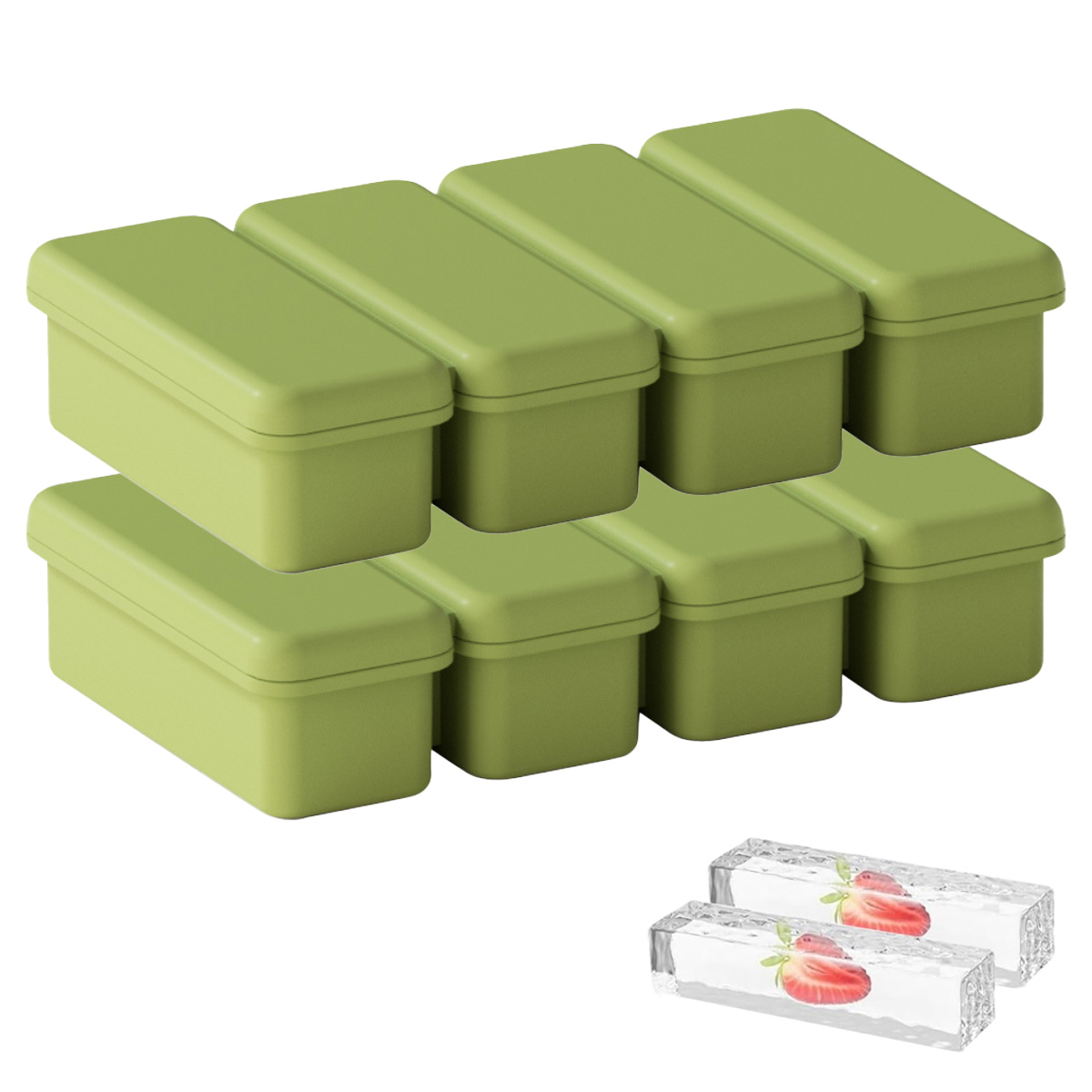 Grüne Behälter und zwei Eiswürfel mit Erdbeeren.