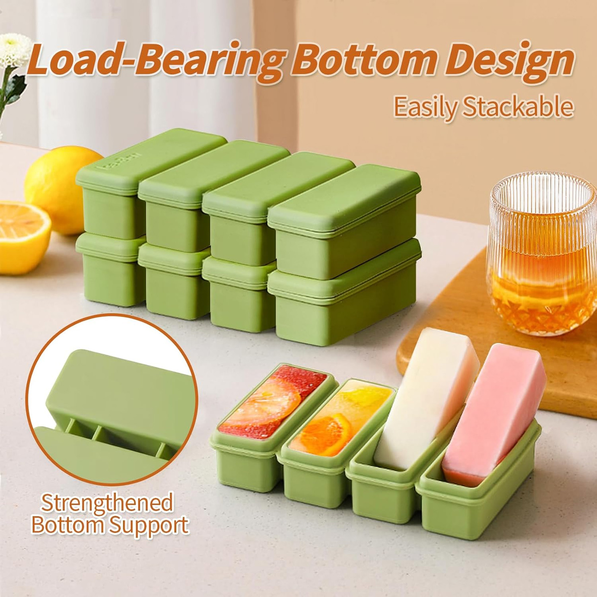 Grüne Eiswürfelformen mit Früchten und festen Würfeln. Stapelbares Design.