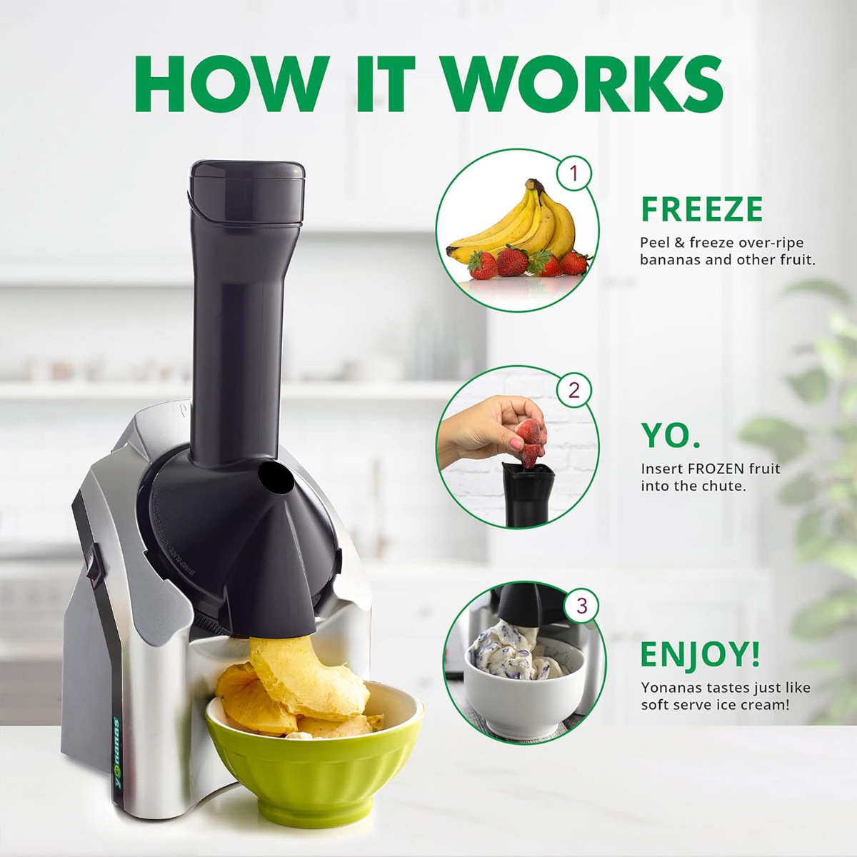 Yonanas-Maschine: gefrorene Früchte einfrieren, einfügen und genießen.