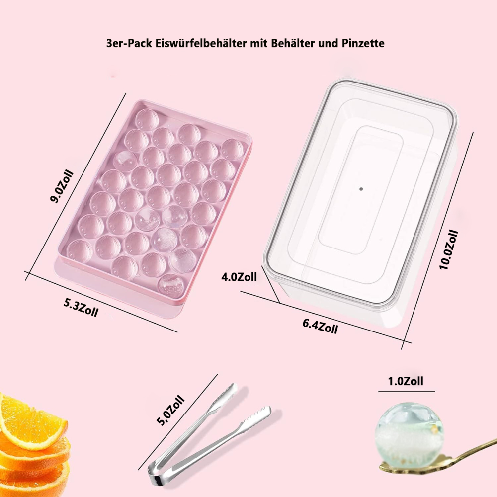 Ein Eiswürfelbehälter mit 30 runden Eiswürfeln, ein Lagerbehälter, Zange und Orangen.