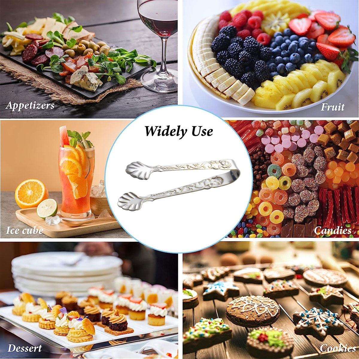 Collage mit Appetithäppchen, Obst, Eiswürfel, Süßigkeiten, Desserts und Keksen.