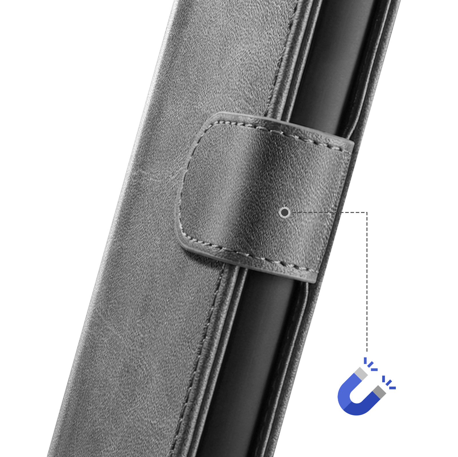 Graues Lederetui mit Magnetverschluss und einem stilisierten Magnetensymbol.