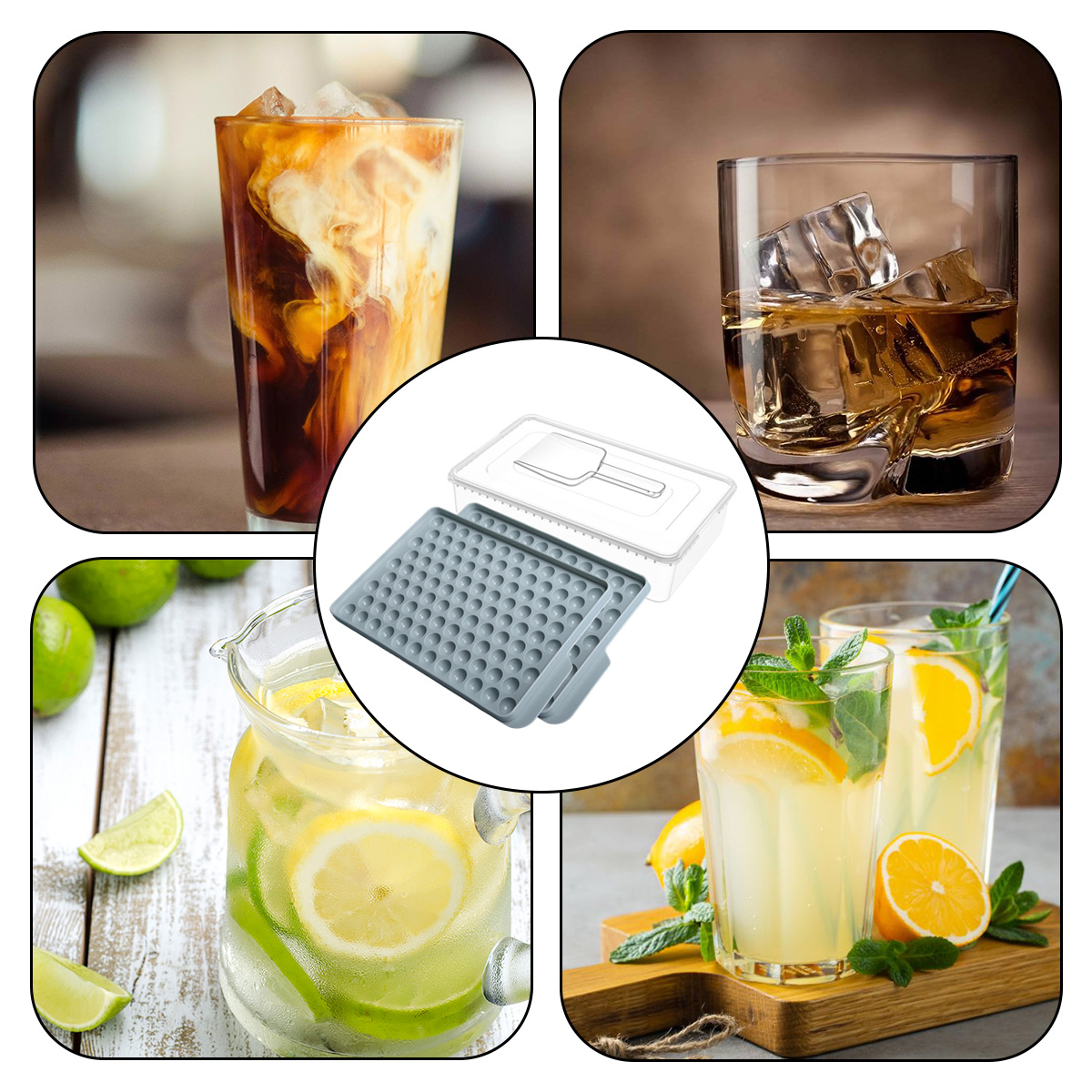 Kalter Kaffee, Whiskey mit Eis, Limonade und ein Eiswürfelbehälter.